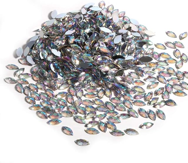 ViaGasaFamido 500Pcs Horse Eye Crystal Rhinestone, Flat Back Horse Eye Shape AB Gems Acrylic Rhinestone for DIY Costume Clothes Making 7 x 15mm(White)
