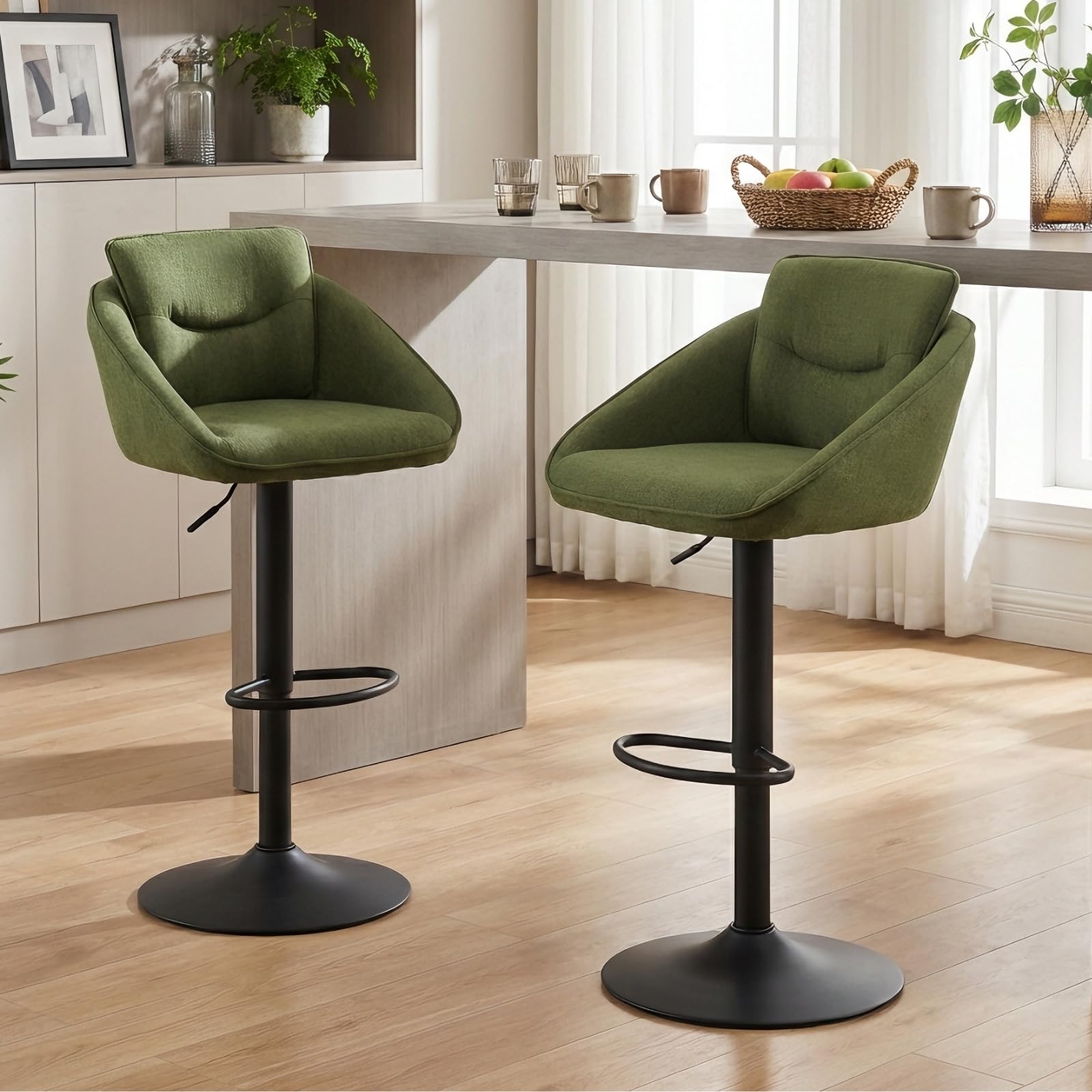 Ya-Home Set of 2 Modern Linen Bar Stools Height Adjustable Kitchen High Chairs, Swivel Counter Stools Breakfast Bar Stools for Home/Restaurant, Green