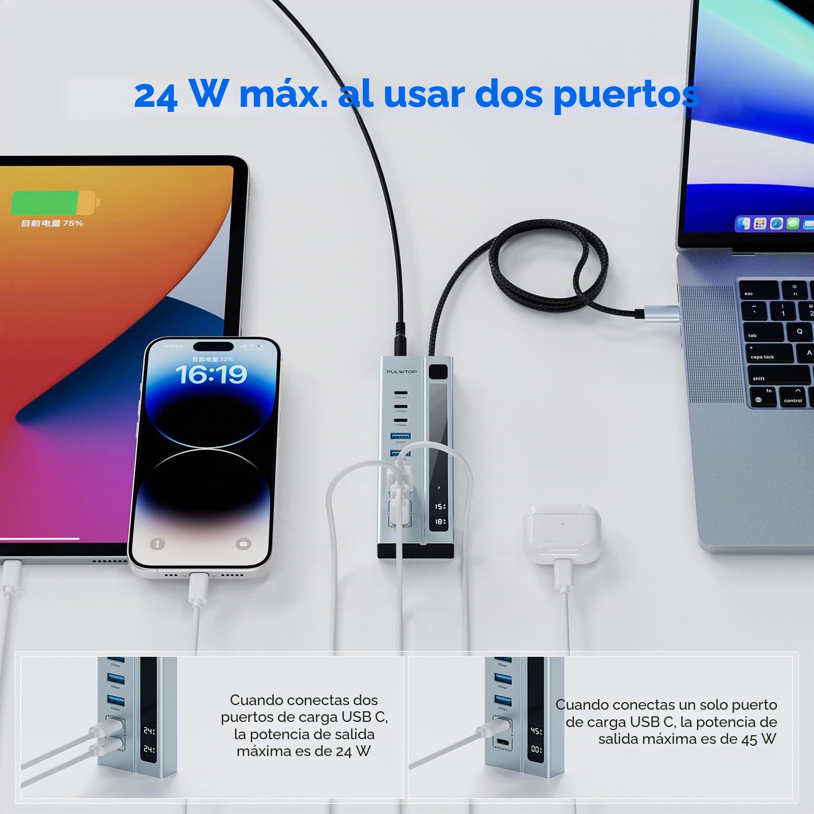 USB C 3.2 Hub activo con fuente de alimentación, concentrador USB 3.2 9 en 1 con 3 x 10 Gbps de datos, 4 x USB A 3.1 Data Hub y 2 x PD de 45 W de carga (no compatible con vídeo y datos