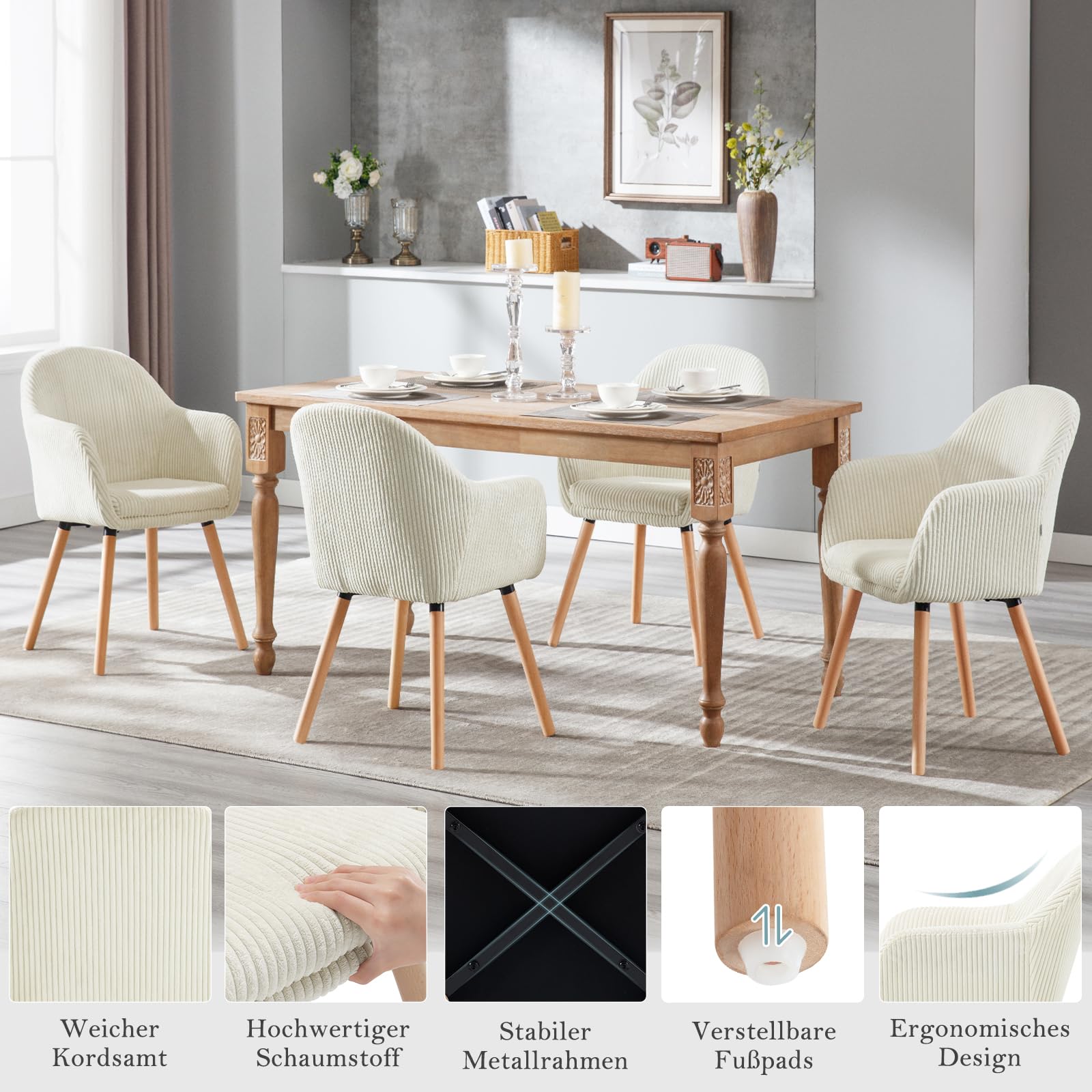 WOLTU Esszimmerstühle 2er Set, für Schlafzimmer Küche Wohnzimmer, Küchenstühle gepolstert Modern, mit Armlehnen, Massivholzbeinen, Sitzfläche aus Cord, Cremeweiß