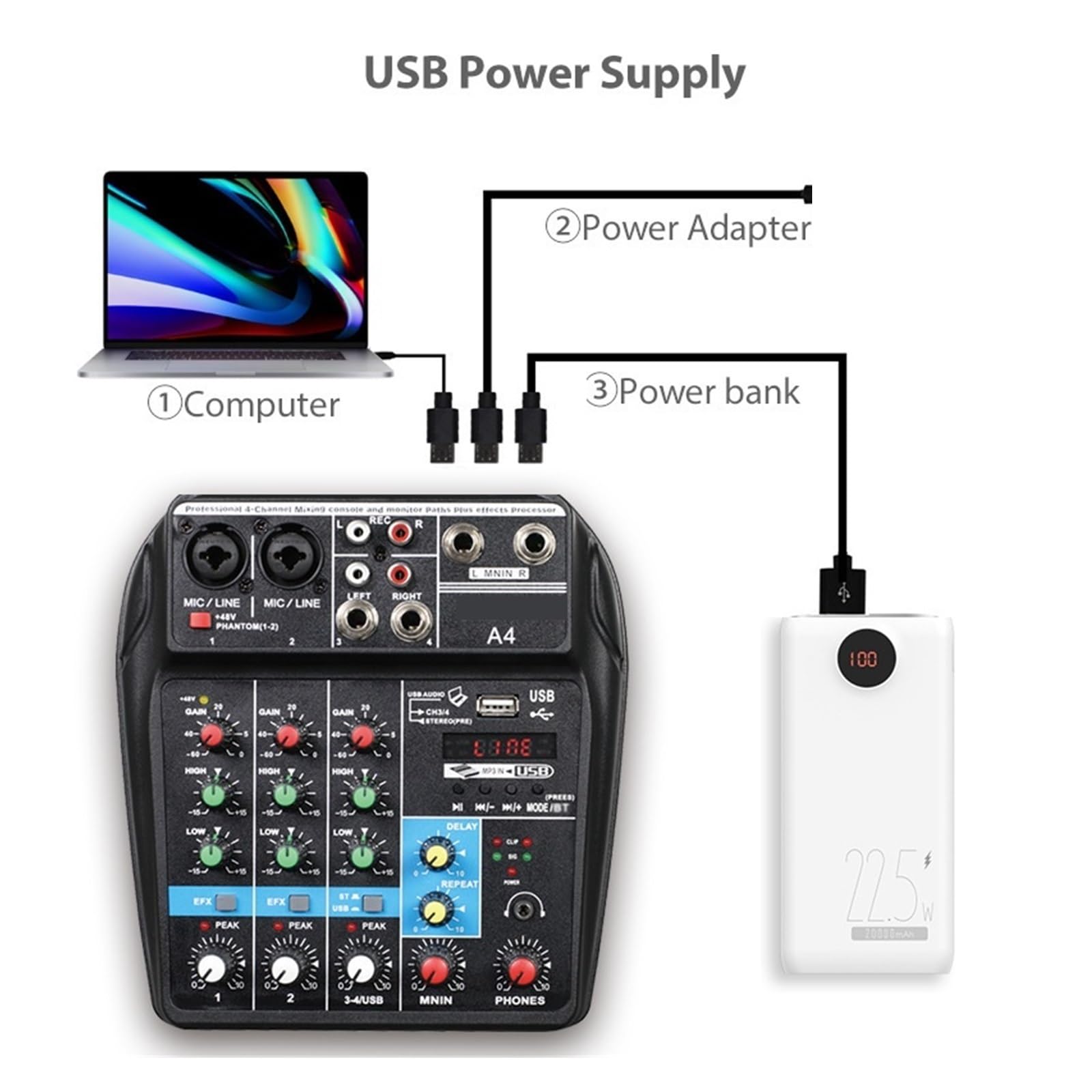 Mikser dźwięku, A4 Konsola Miksująca Dźwięk USB Komputer Nagrywający 48V Zasilanie Phantom Opóźnienie Powtórzenia Efekt 4 Kanały USB Mikser Audio