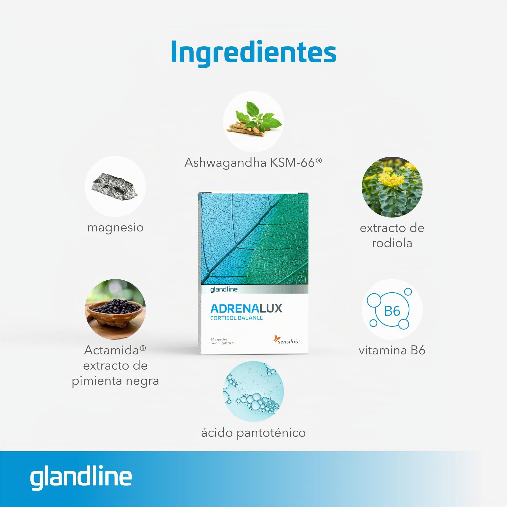 Sensilab AdrenaLux con Ashwagandha. Cortisol, Antiestres. 120 Cápsulas | Ashwagandha KSM-66, magnesio, vitamina B6 y rhodiola para cortisol, antiestres, bienestar y concentración. Para 60 días