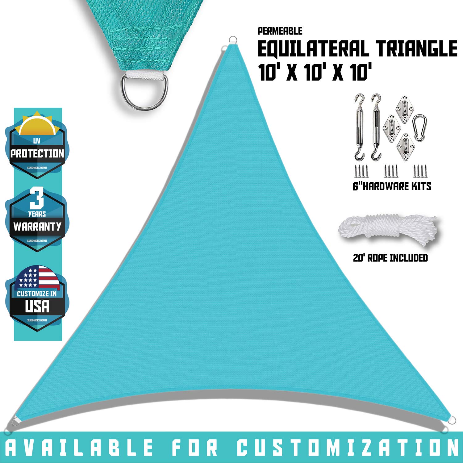 TANG Sunshades Depot 10' x 10' x 10' Turquoise Green Sun Shade Sail with 6 Inch Hardware Kit - Equilateral Triangle U*V Block Durable Fabric Outdoor Canopy - Custom