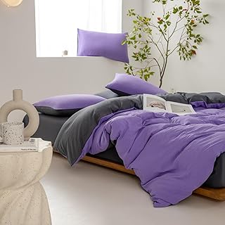 HAIBA Juego de ropa de cama de 4 piezas, 220 x 240 cm, color lila/gris oscuro, algodón liso, juego de ropa de cama doble con 2 fundas de almohada de 50 x 75 cm