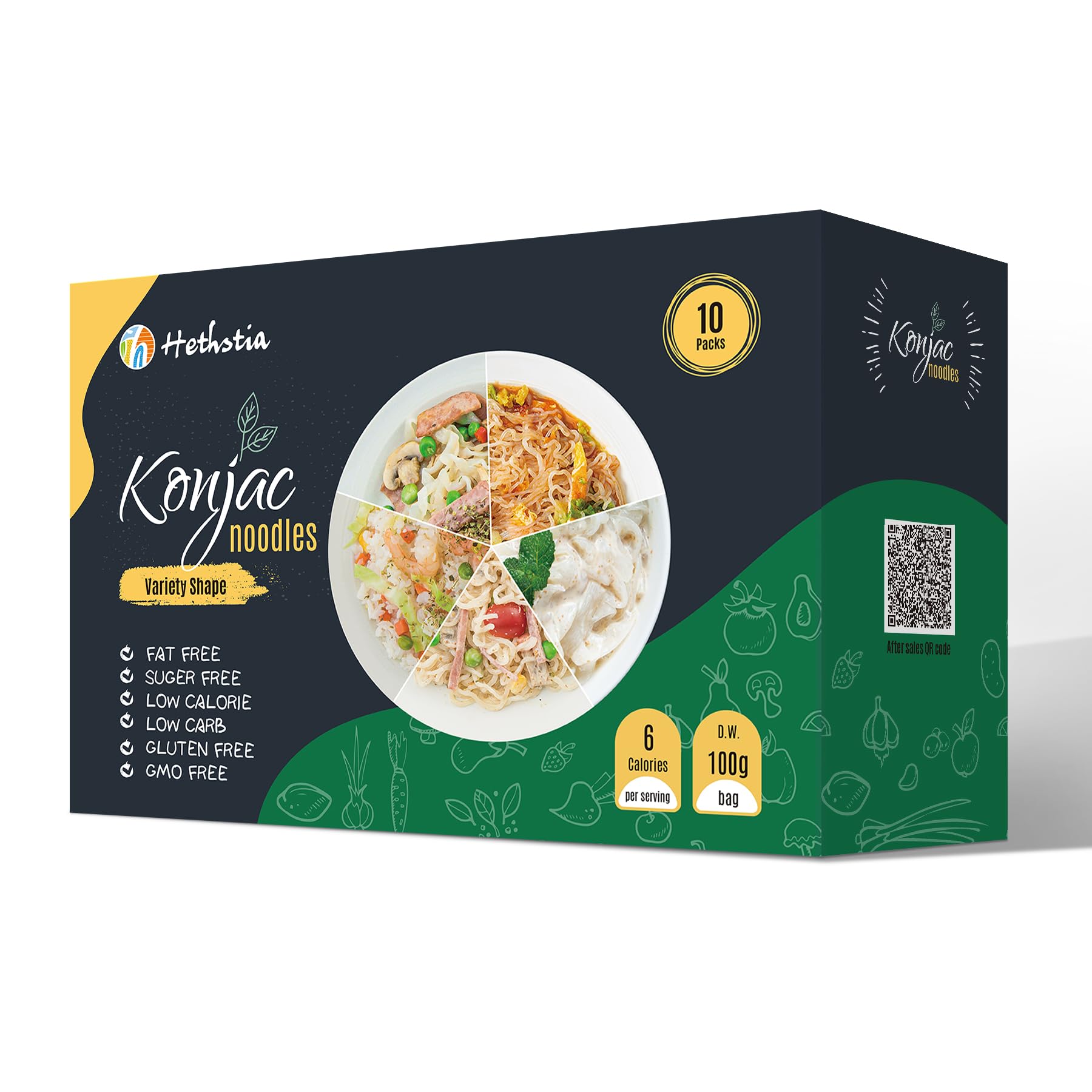 Hethstia Konjac Noodle Variety Pack (Spaghetti, Fettuccine, Rice, Pho, Angel Hair), Pre-Cooked Low Carb Shirataki Noodle, 10-Pack Low Calorie Konjac Pasta, Keto, Vegan, Gluten-Free, Non-GMO, Healthy Variety 10pcs