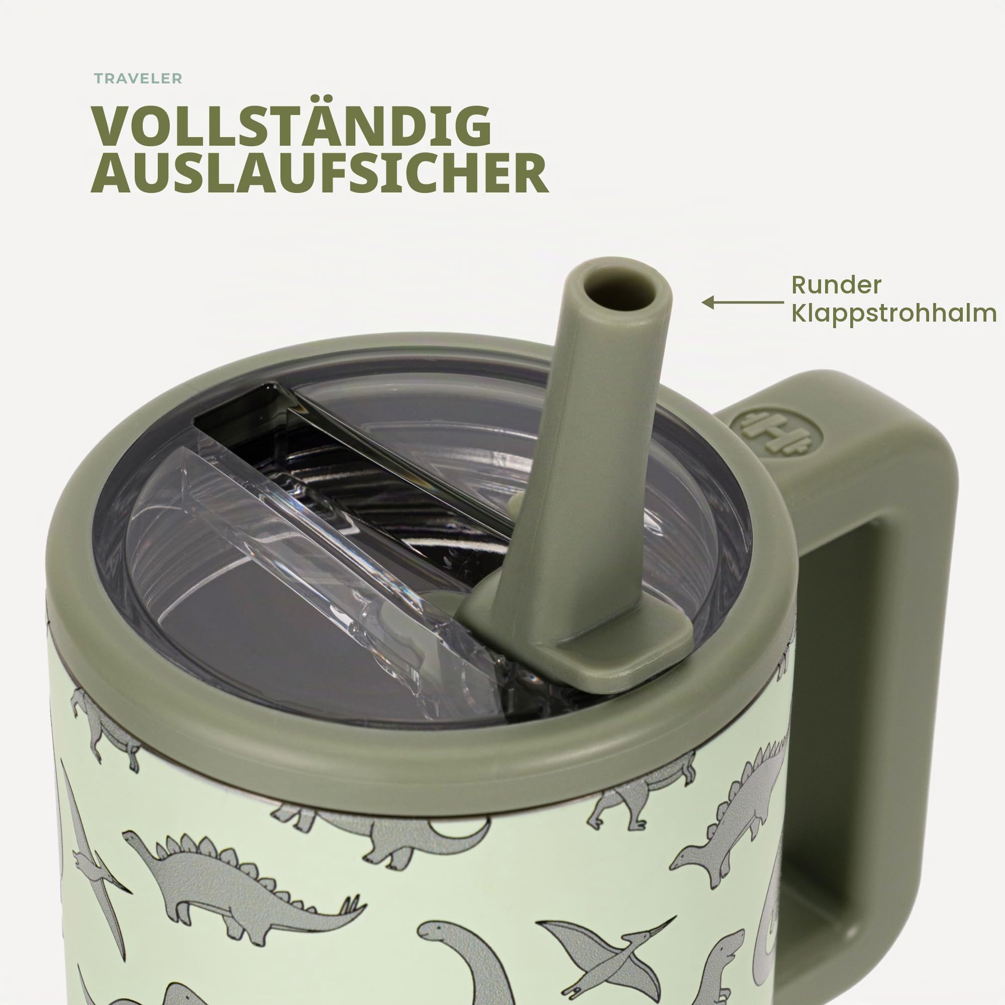 HydroJug Isolierte Kinder-Wasserflasche mit Klapp-Trinkhalm und Griff, auslaufsicher und langlebig, perfekt für Schule, Sport, Mittagessen, Reisen und Camping, Dinosaurier, 590 ml