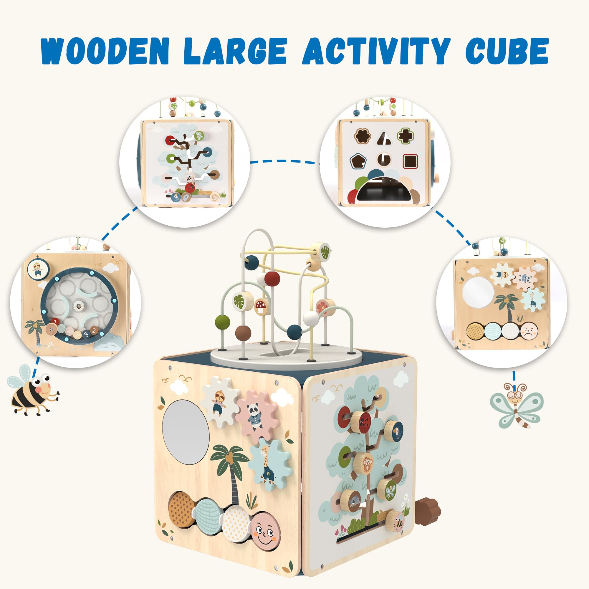 FReniland Holz Montessori Aktivitätswürfel für Kleinkinder 1-3 7-in-1 Baby Activity Center mit Perlen-Labyrinth, Formsortierer, Zahlengetriebe & Entdeckungsspiegel, Feinmotorisches Lernspielzeug für