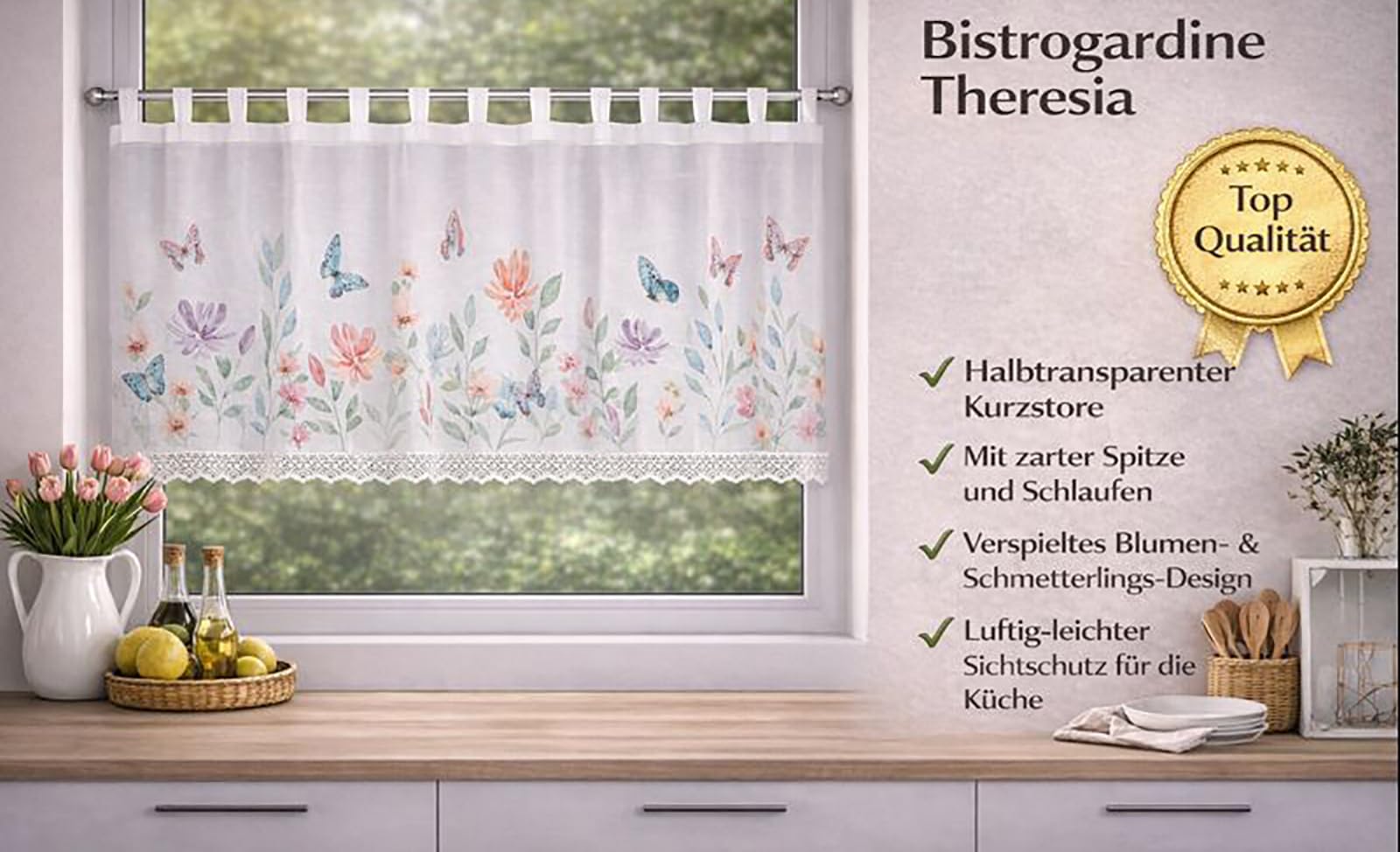 KAMACA Tenda da bistrò con passanti, tenda corta da cucina, trasparente, con passanti in voile, pizzo (altezza x larghezza 60 x 140 cm, Theresia)