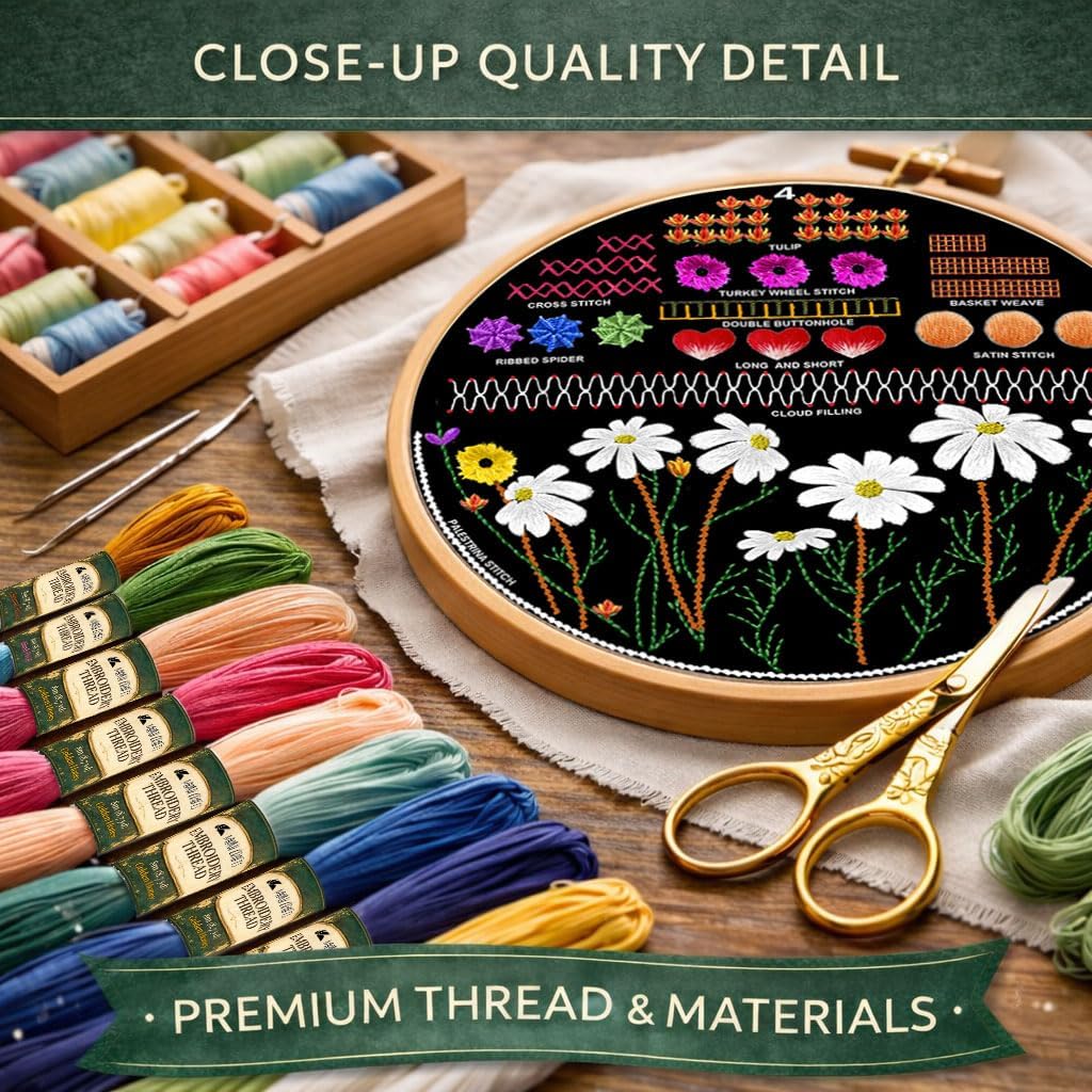 Moni Crafts - Embroidery Kit for Beginners Adults – Learn Embroidery Stitches, Complete Starter Kit with 4 Pre-Printed Patterns (Mushroom & Floral), Threads, Needles & Hoop – Video Tutorials