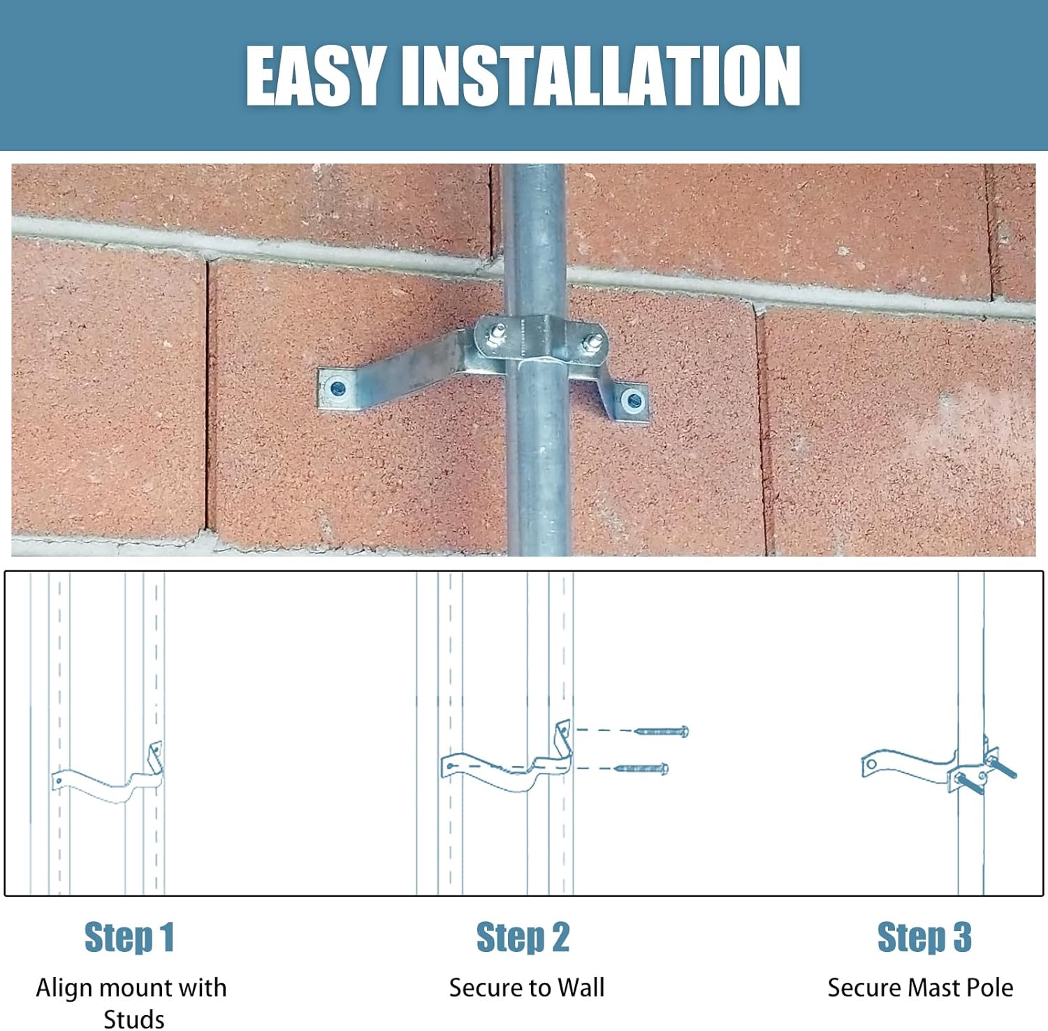 Antenna Mast Wall Mount Bracket, Wall Mount Telescopic Clamp with Mounting Bolts for Outdoor TV Antenna Mast, Flag Pole and Wall Mount Pole - Image 3