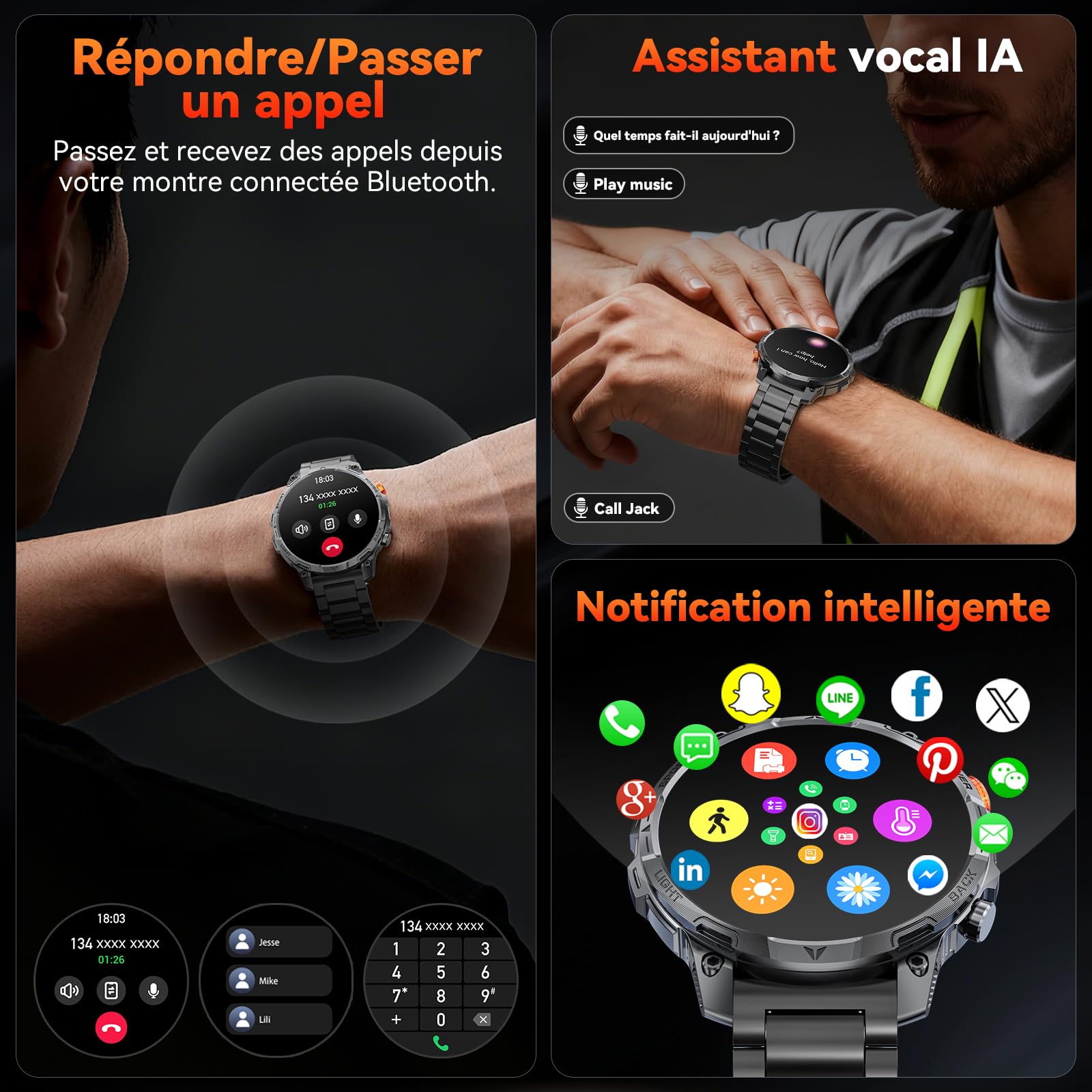 Smartwatch Uomo Militare, Batteria da 1000 mAh, Due Cinturini, Schermo HD da 1,75", Torcia LED, 100＋ Modalità Sportive, Monitoraggio della Salute, Chiamate Bluetooth per iOS Android (Nero)