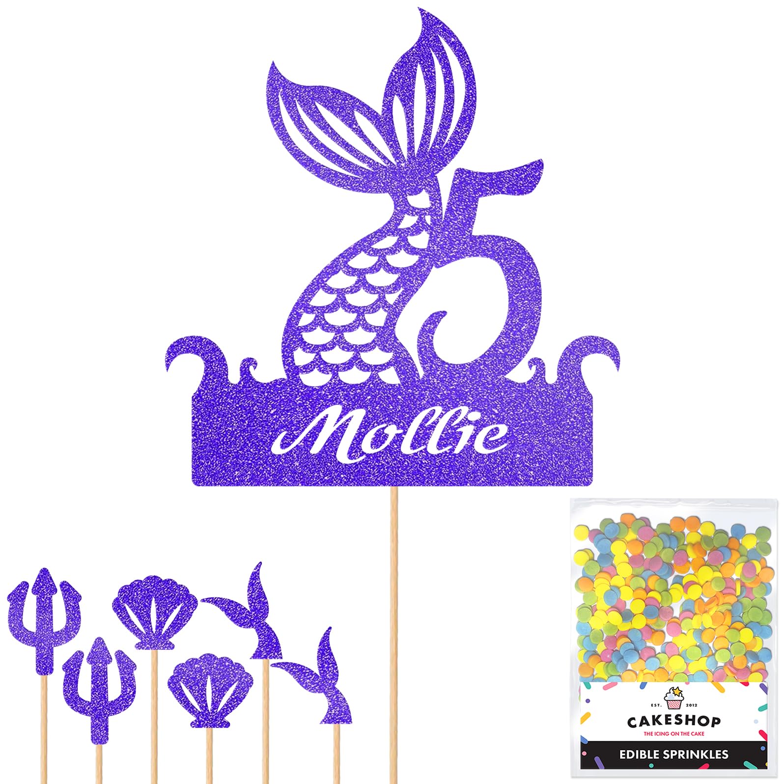 Personalised Birthday Mermaid Tail Glitter Cake Topper- Blue Any Custom Age & Name Glitter Cake Decoration and Sprinkles - Happy Birthday Decorations - Personalised Toppers for Cakes by Cakeshop