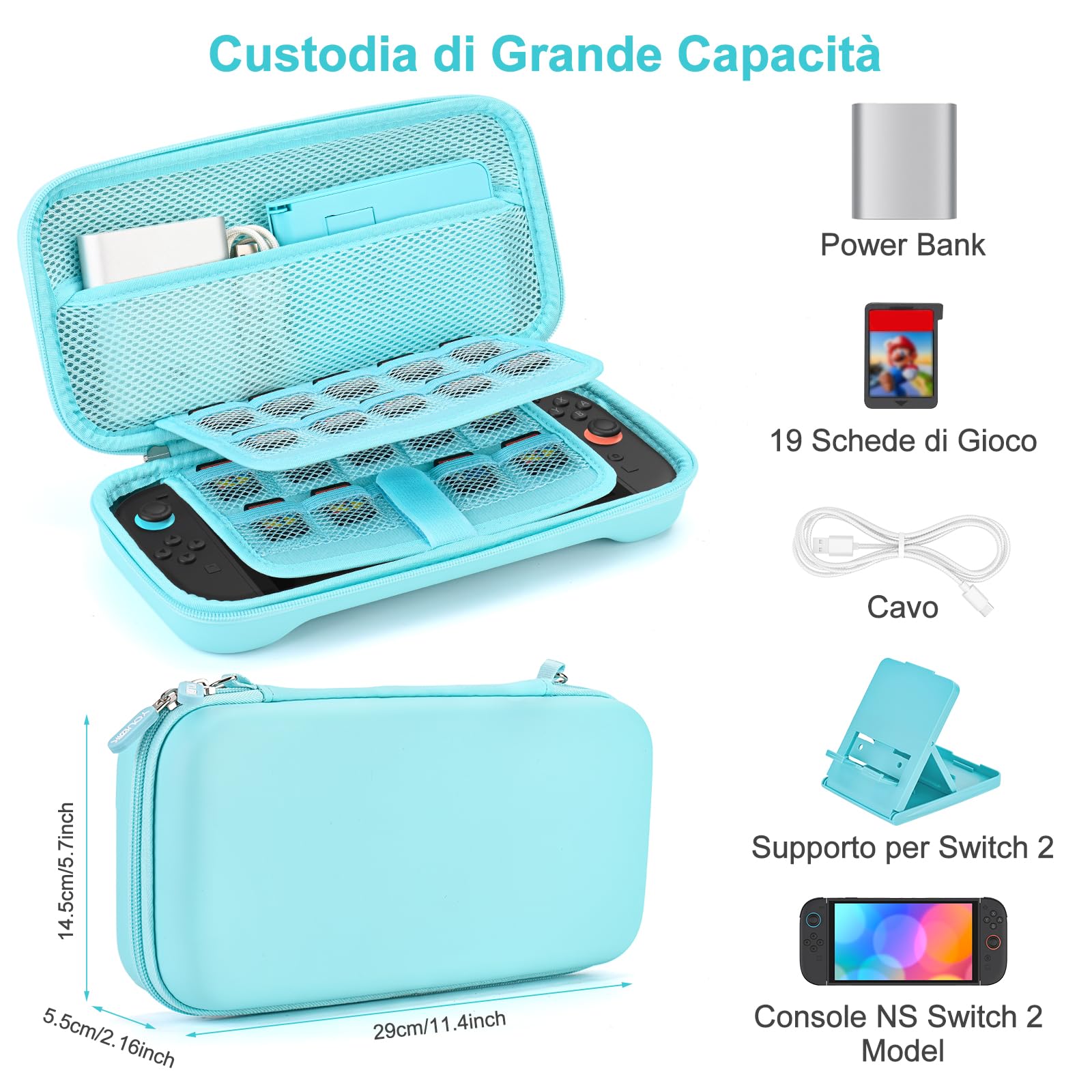 Younik Switch 2 Custodia Compatibile con NS Switch 2 (2025), Custodia con 19 Slot per Schede di Gioco, Accessori per Switch 2 Tracolla, Cinturino da Polso e Adesivi (Blu) - 3