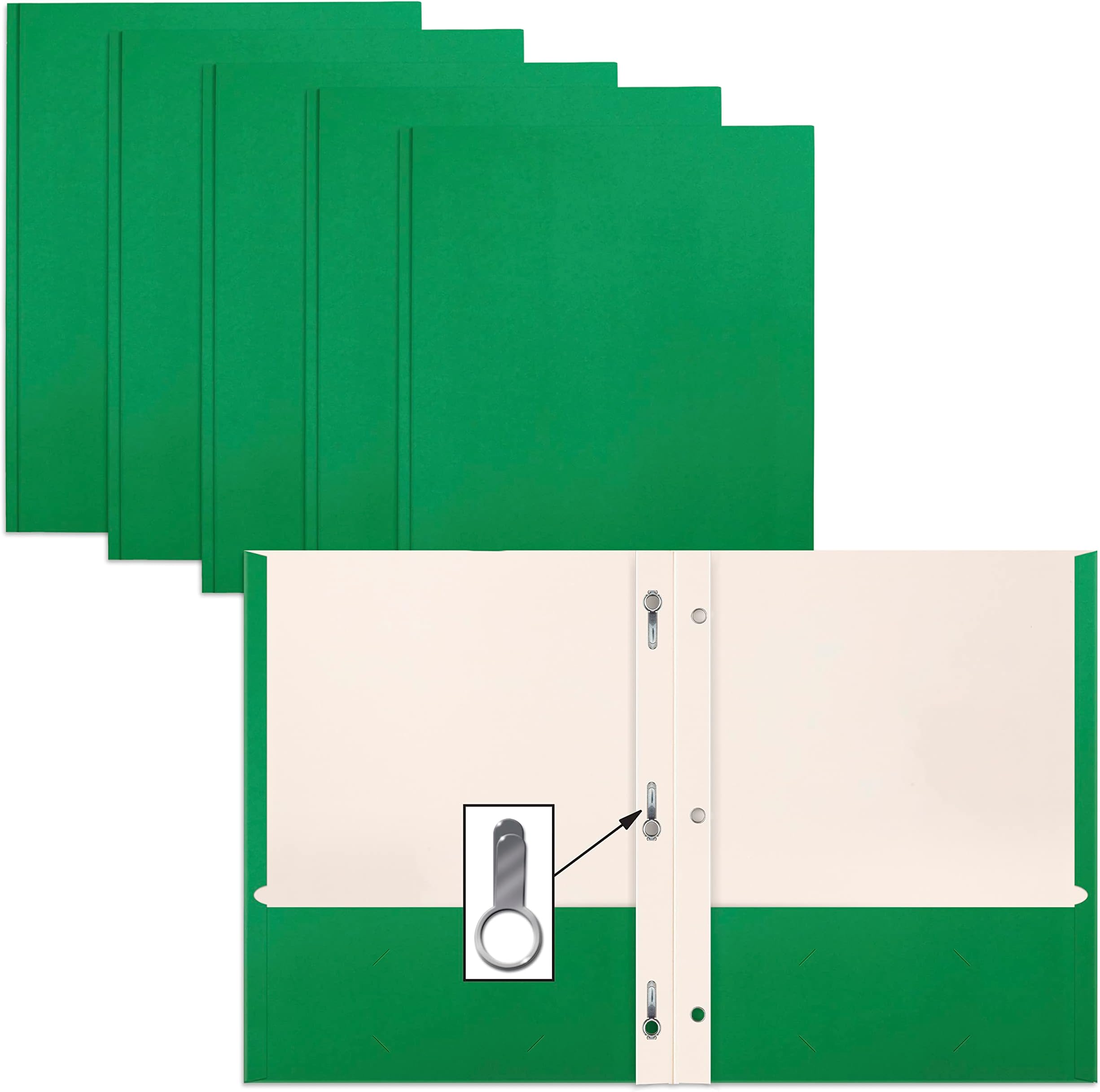 Green Paper 2 Pocket Folders with Prongs, 50 Pack, by Better Office Products, Matte Texture, Letter Size Paper Folders, 50 Pack, with 3 Metal Prong Fastener Clips, Green