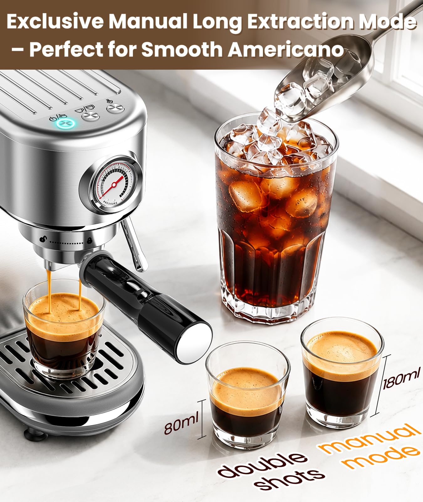 atatix Espresso Machine with Milk Frother, 20 Bar Pressure Espresso Maker | with 44OZ Removable Tank, Compact Stainless Steel Coffee Machine for Home, Office, Latte, Cappuccino, Macchiato, Silver