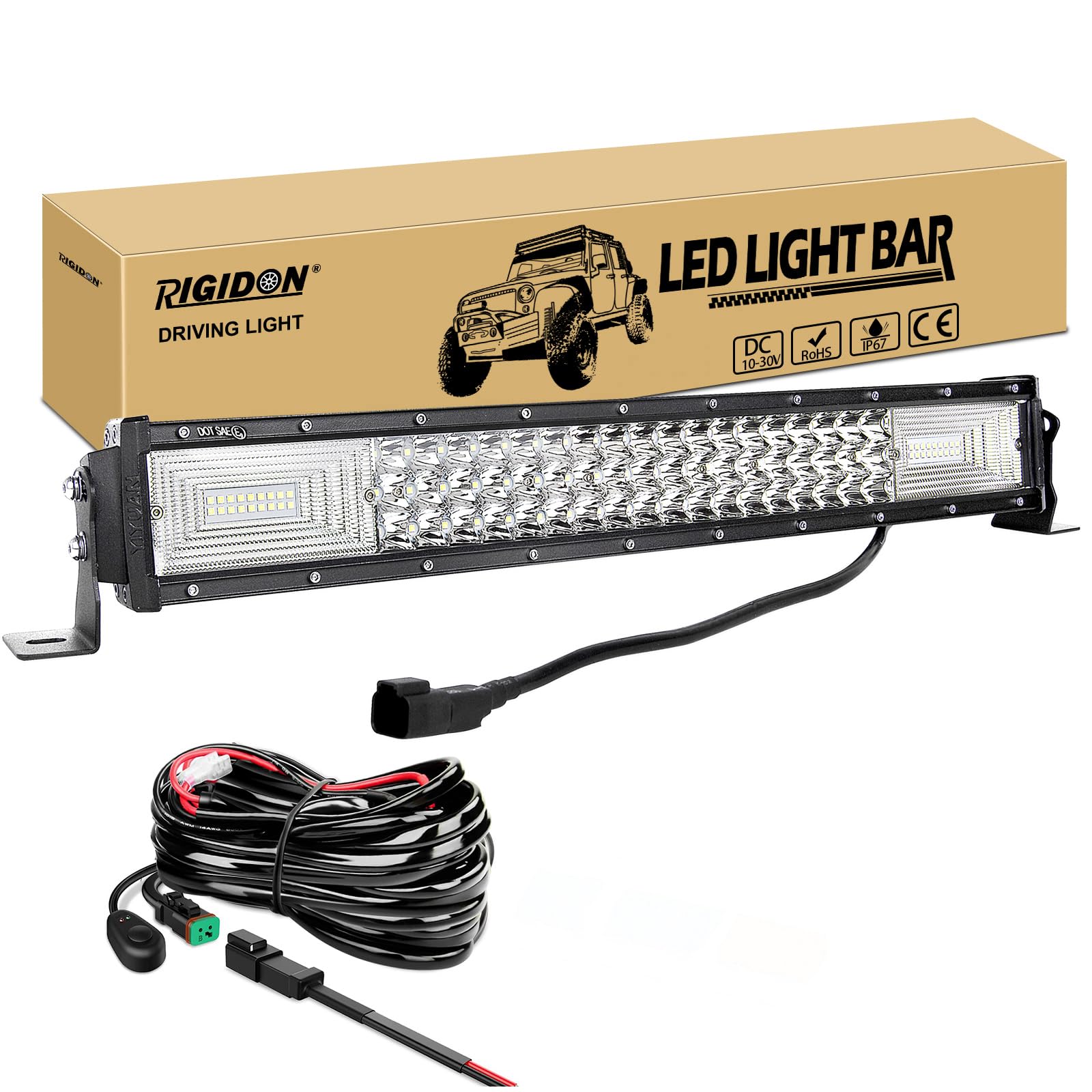 RIGIDON Listwa oświetleniowa LED 7D do samochodu, prosta 56 cm 270 W trójrzędowa, 12 V z kablami, terenówki, ciężarówki, SUV, UTE, ATV, 4x4, flood/spot/combo, wodoodporna, 6000 K białe światło