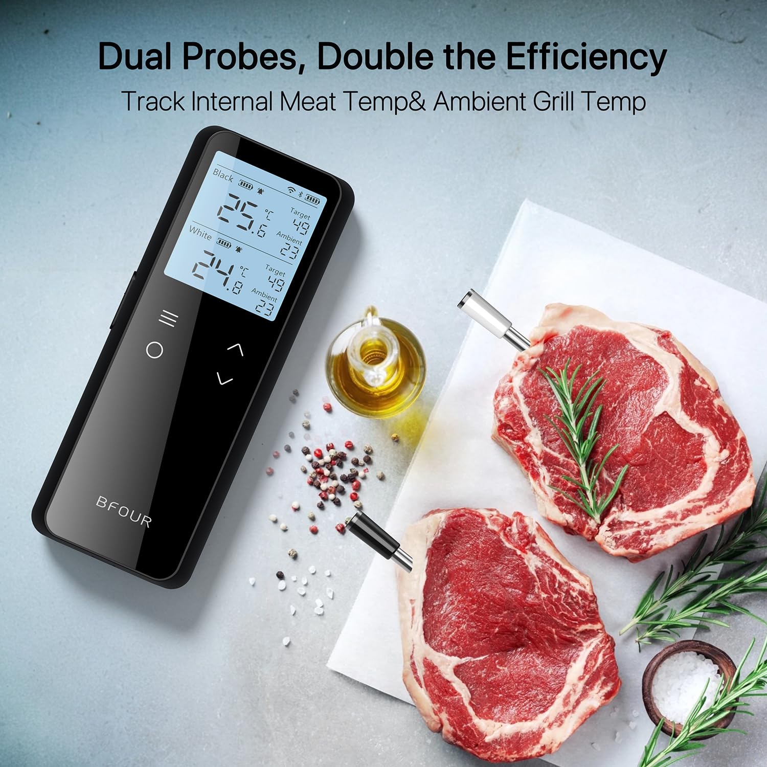 BFOUR Termometro per carne senza fili con WiFi e Bluetooth, 100% impermeabile con 2 sonde, doppio monitoraggio della temperatura per barbecue, forno, arrosto – BF-80