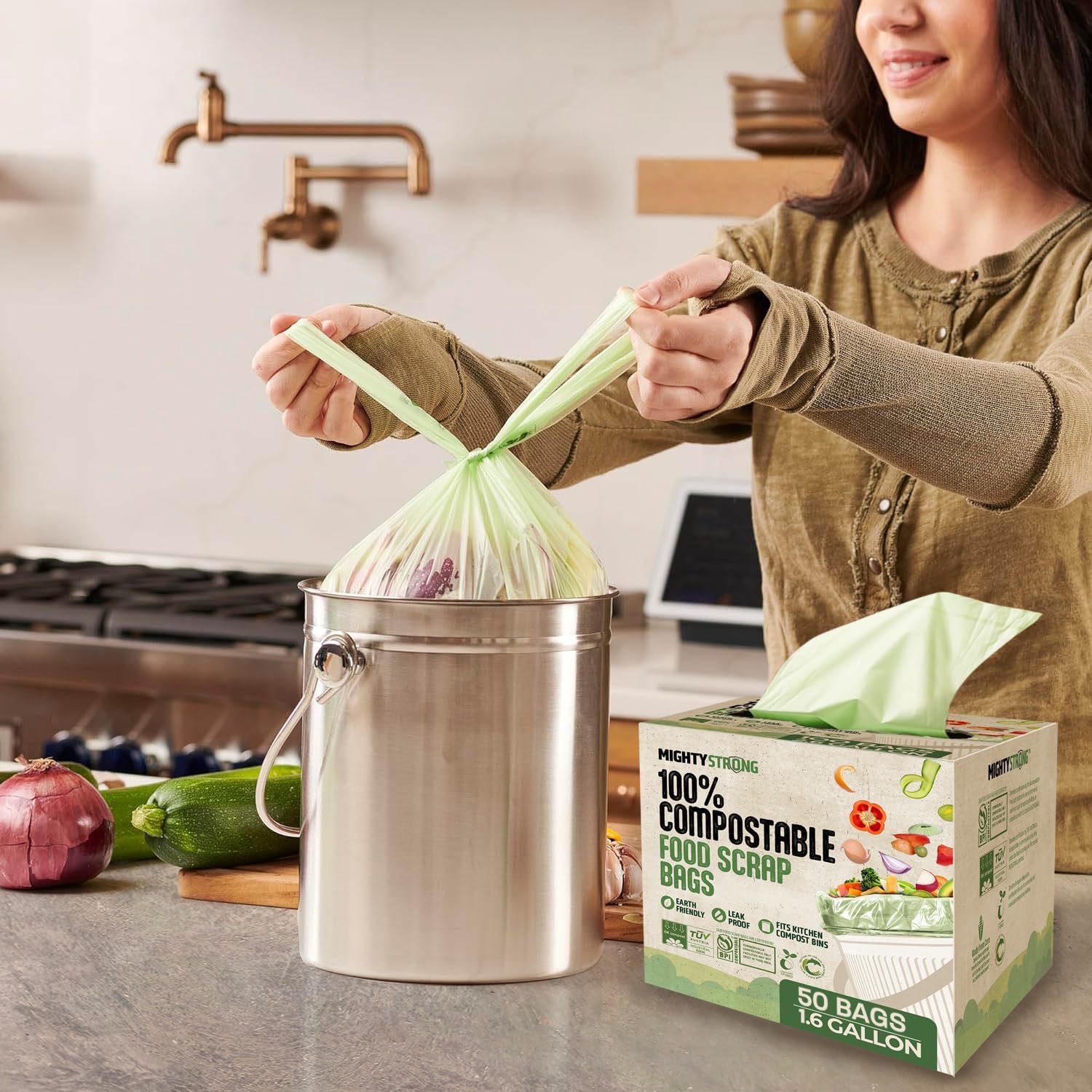 50 bolsas de compostaje con asas, bolsas de basura compostables de 1.6 galones/6 litros, 50 bolsas de basura pequeñas biodegradables, certificadas por BPI And OK Compost, bolsas de residuos de