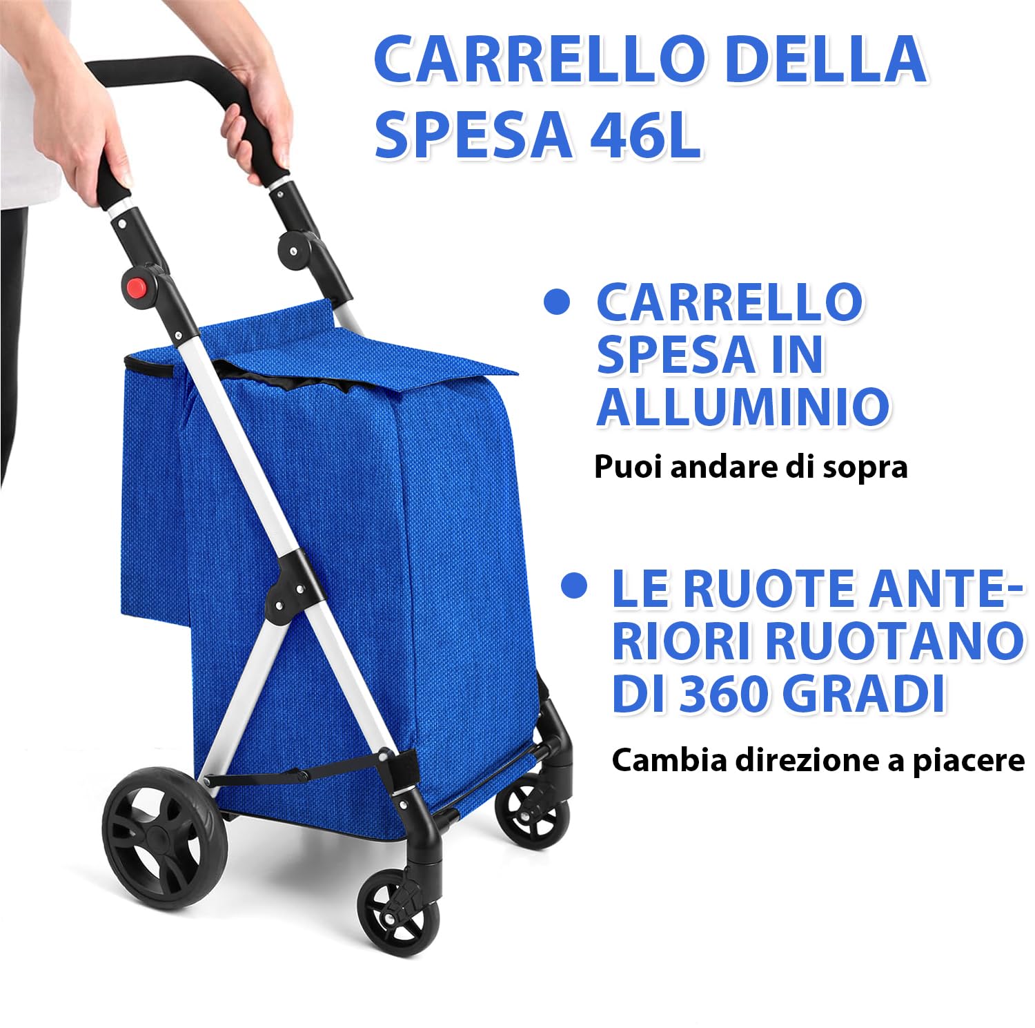 Carrello della Spesa, 8L e Tasca Posteriore, con 4 Ruote, e una grande Capacità di 25 kg Carrello Portaspesa, 46L Trolley Spesa on Wheels (Azzurro)