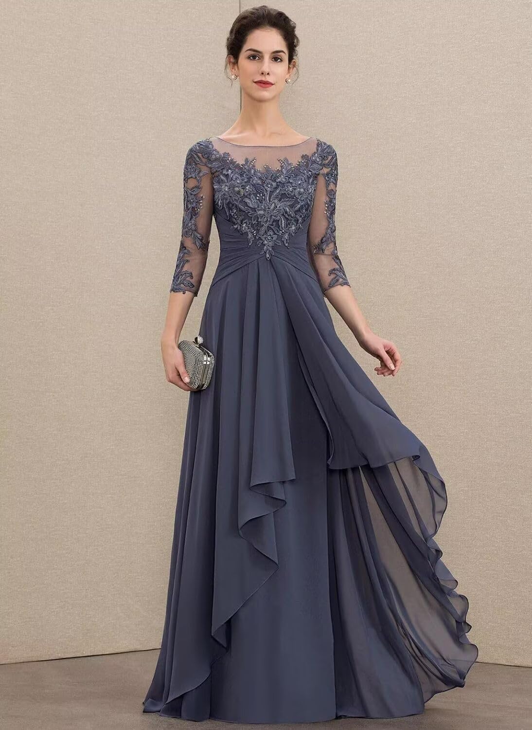 Long Sleeve Mother of The Bride Dress for Wedding Lace Applique Chiffon Formal Gowns BO075