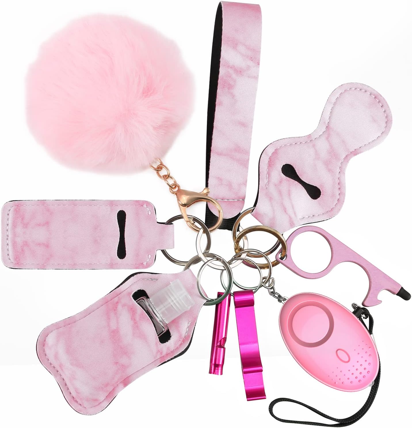 Safety Keychain Set for Women and Kids, 10 Pcs Safety Keychain Accessories with Sound Personal Alarm, Whistle and Pom