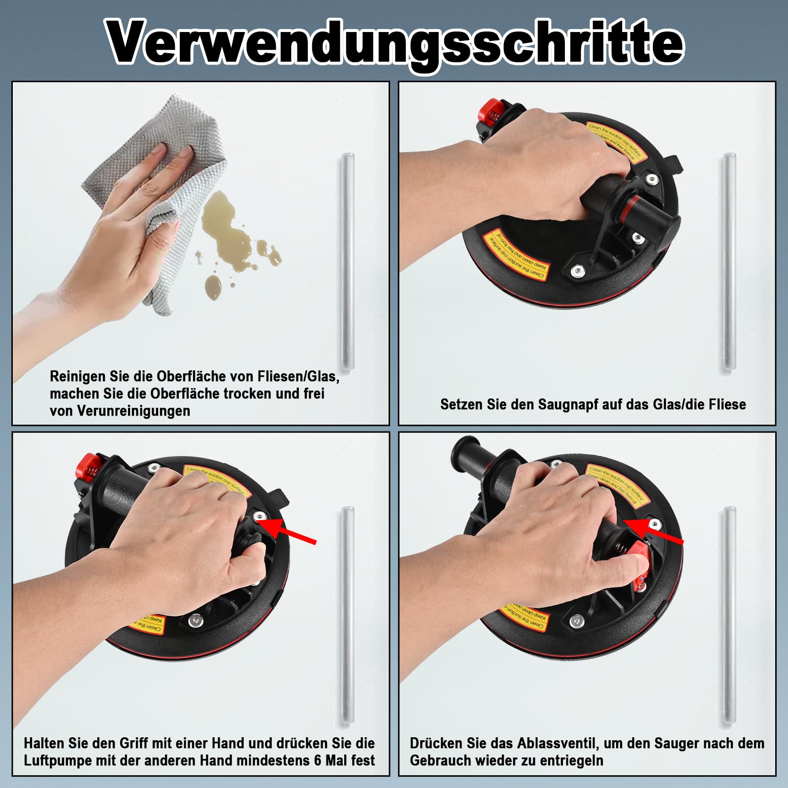 Philtool Saugheber, 2er-Set 8" Glassauger Saugheber Fliesen Glasheber Saugheber Glas mit Tragbarer Werkzeugkasten, Fliesen Saugheber für Glas, Fliesen,Marmor Tragkraft Max 150KG