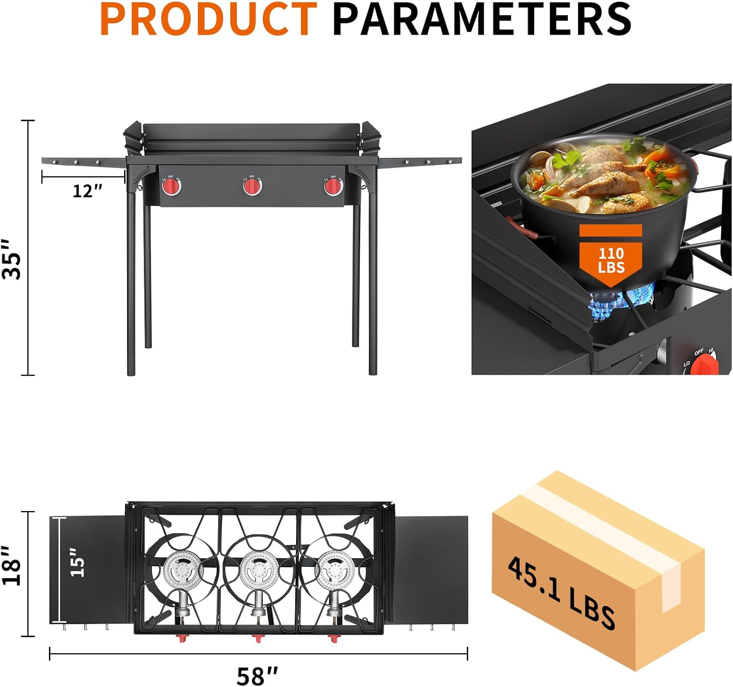 SKOK 3 Burners Portable Propane Stove with Wind Panel&Side Shelves, Camping Propane Stove, Outdoor Stove for Camping
