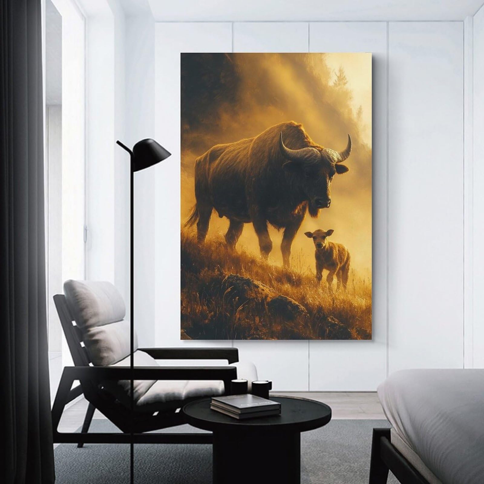 Junmoney Unframe-Style-11 Room Decor Wall Art Buffalo And Calf In Golden Light, 24X36inch(60X90cm), For Lounge Decor, Bedroom Walls Or Flats, Canvas Styling For A Polished Room Look