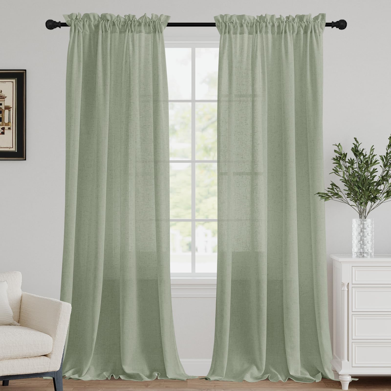FantasDecor Sage Green Linen Sheer Curtains 96 Inch Length Light Filtering Rustic Farmhouse Boho Curtains Rod Pocket Window Curtain Treatment Drapes