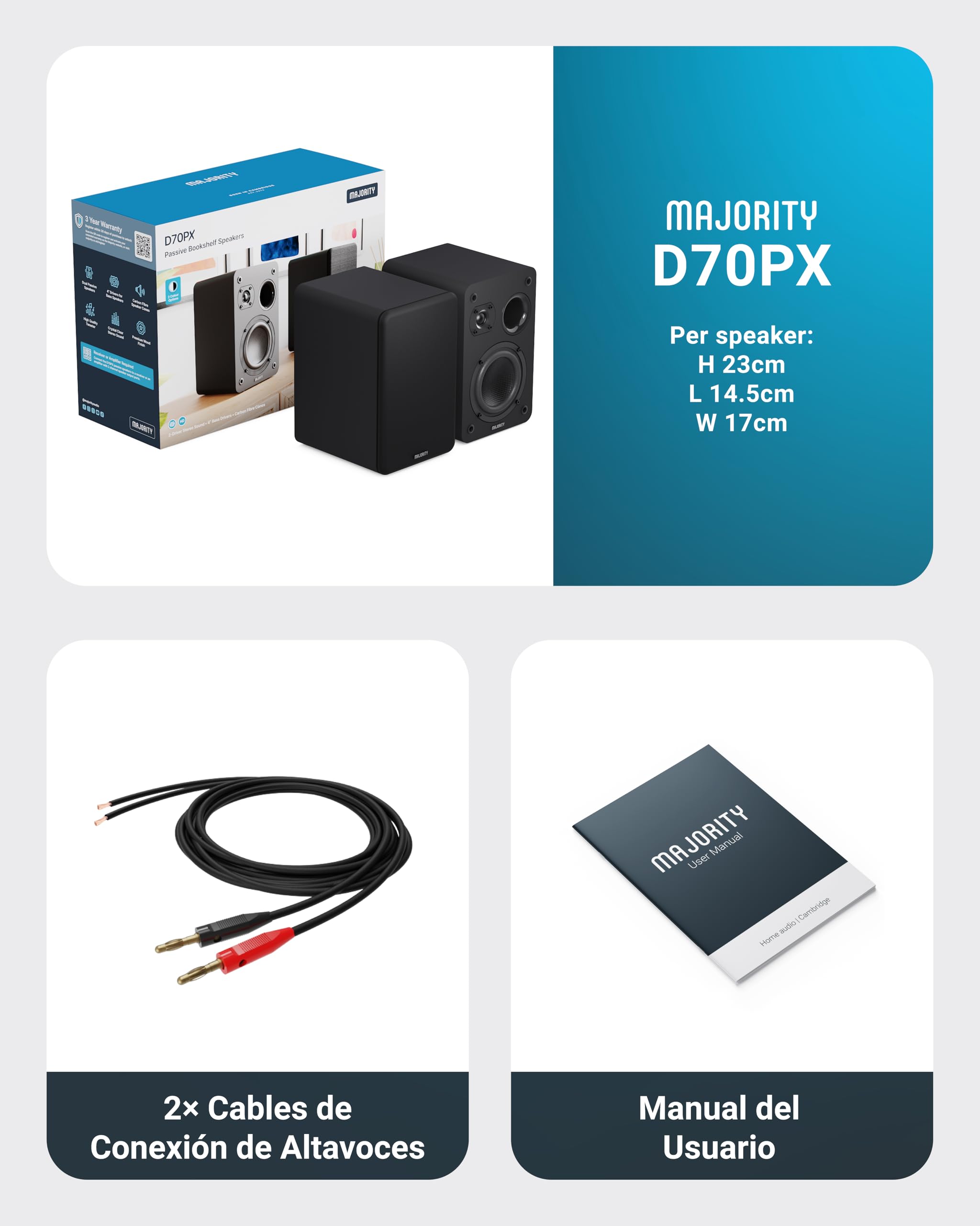MAJORITY D70X Altavoces Pasivos HiFi | 2 x 30W Monitores Estudio | Altavoz Pasivo Impedancia de 6Ω y Respuesta de Frecuencia de 40 Hz-20 kHz | Altavoces Duales con Conos de Fibra de Carbono (Negro)