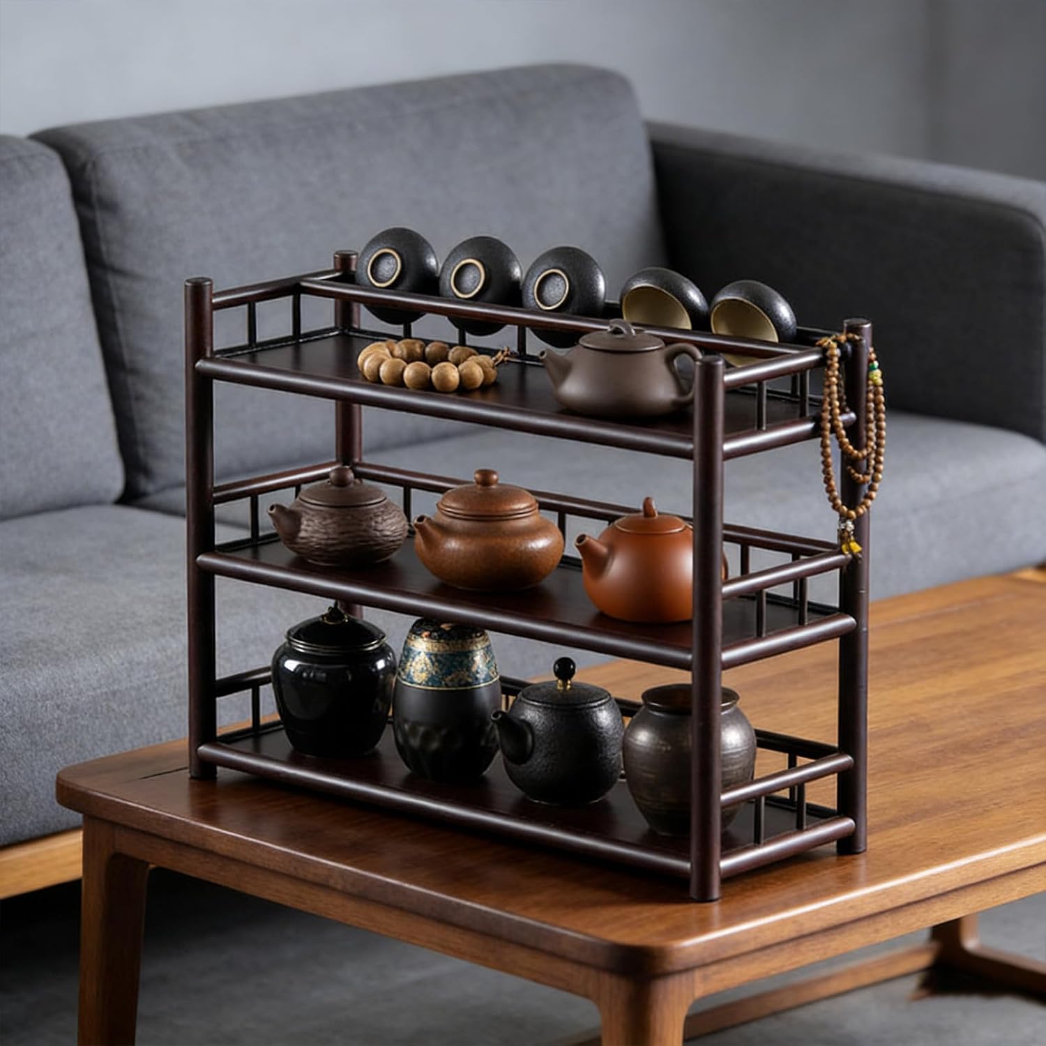Wood Coffee Mugs Holder for Counter, Vintage Wooden Tea Set Display Stand, 2/3-Tier Vintage Tea Cup Holder with Fence for Office Home Living Room (2-Tier)