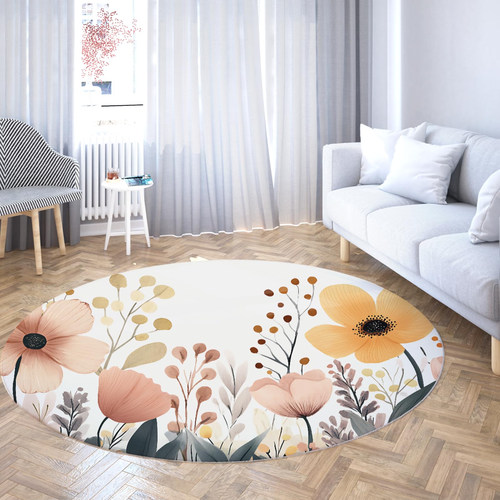 Tapis rond floral moderne fleurs douces et design botanique