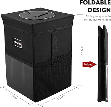 Car Trash Bin with Lid - Trash Bag Hanging with Storage Pockets Leak-Proof Car Organizer Collapsible and Portable Waterproof Garbage Bin, 10L Large Capacity Multipurpose Bin