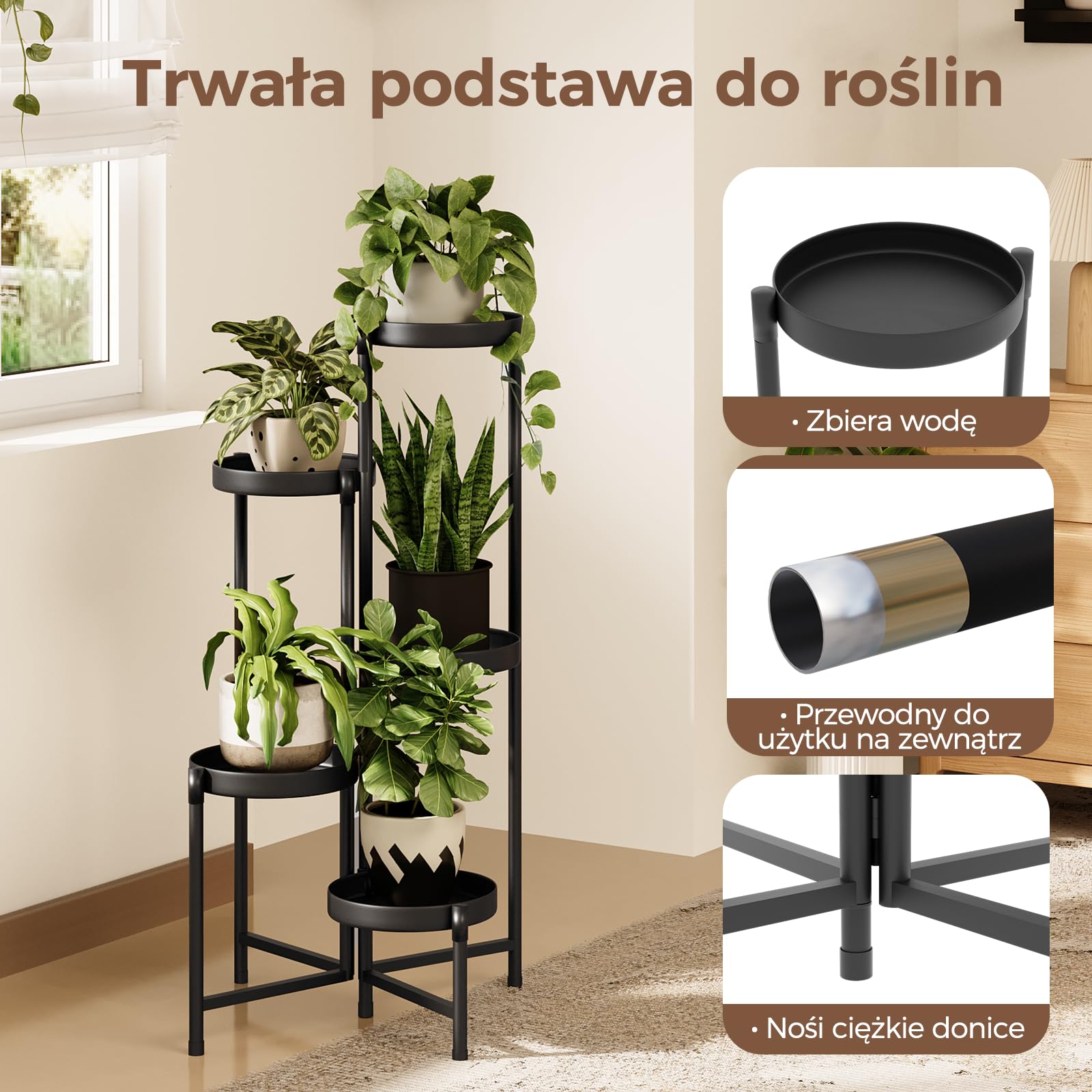 Bamworld Stojak na Rośliny Wewnątrz Na Zewnątrz Składany 5-Poziomowy Metalowy Stojak na Kwiaty, Kątowa Wielopoziomowa Półka na Rośliny do Ogrodu Balkonu Tarasu Salonu Sypialni