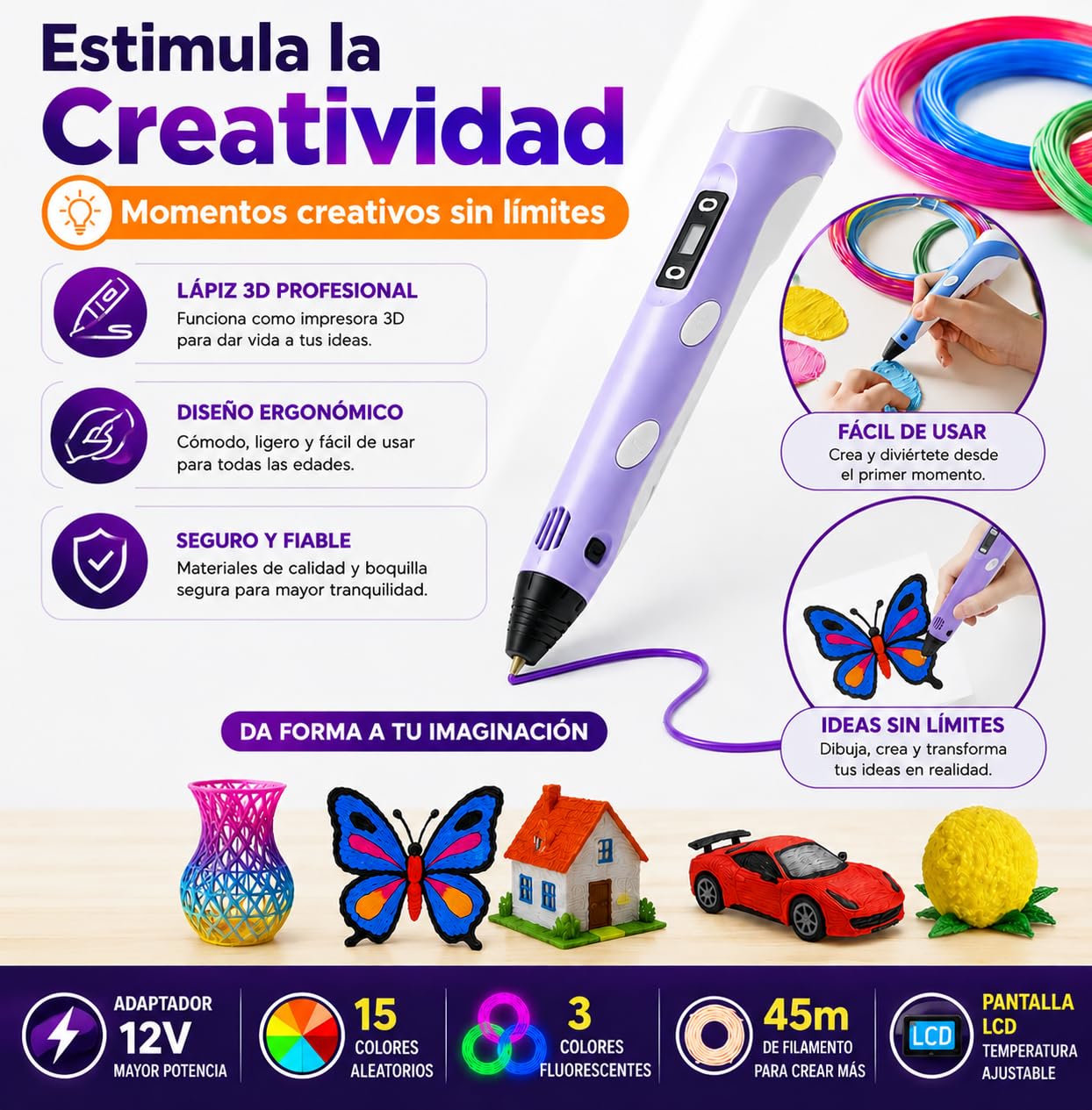 Bolígrafo 3D de Precisión | Kit Completo con 45 m de Filamento PLA (15 Colores) 3 Fluorescentes | Velocidad Regulable | Herramienta para Manualidades y Reparaciones. Pen 3D