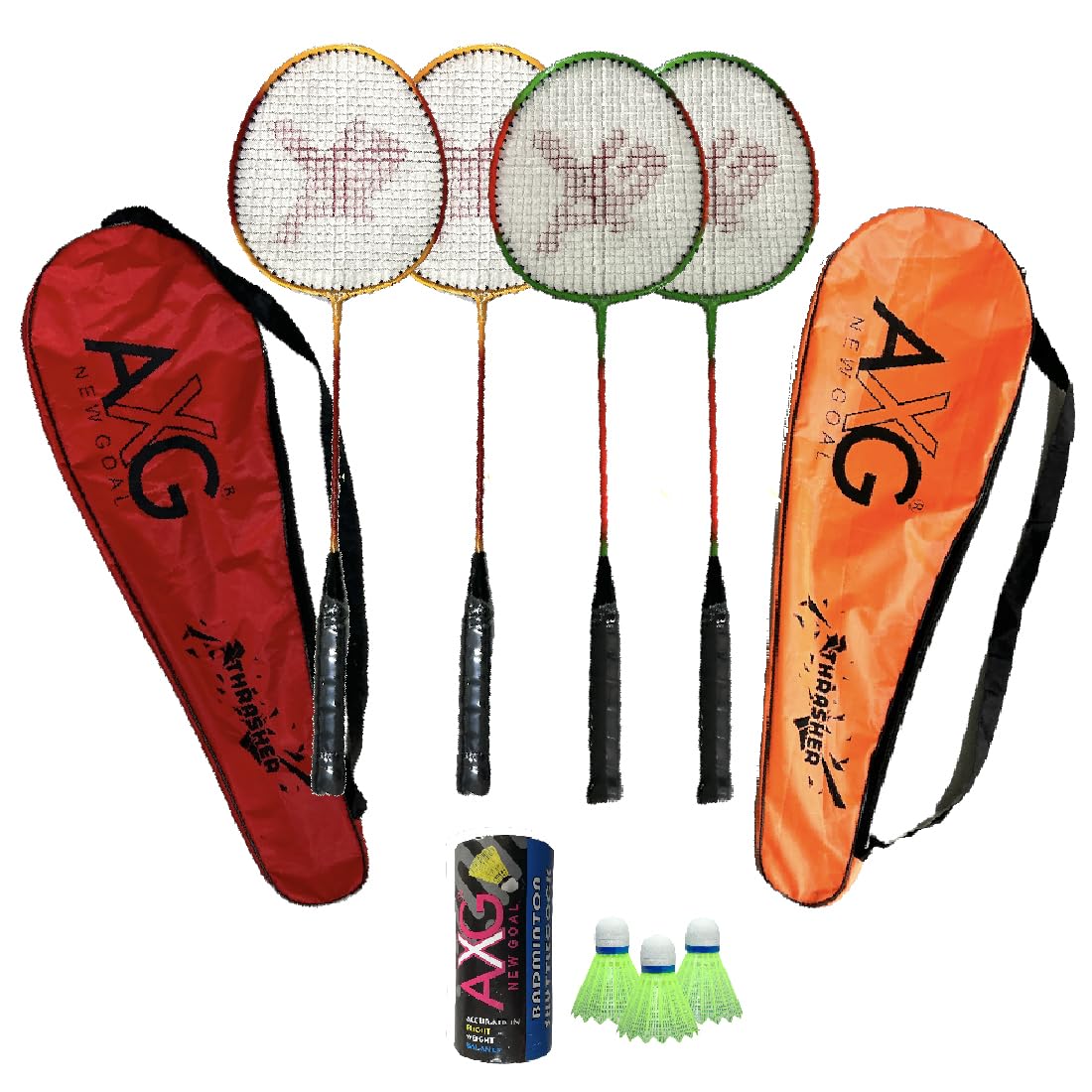 axg thrasher racquets set of 4 with 3 plastic shuttles badminton kit (multicolor)
