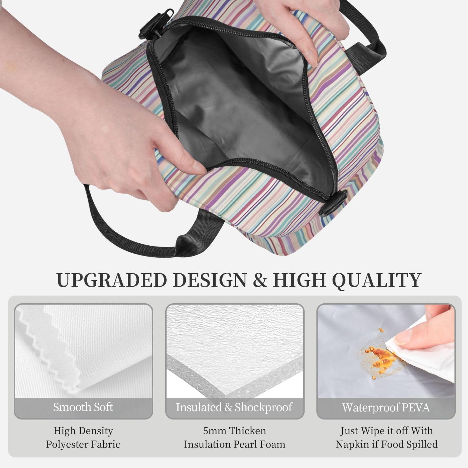 Sac à déjeuner isotherme réutilisable à rayures colorées pour adultes pour le travail, les voyages, les femmes et les hommes