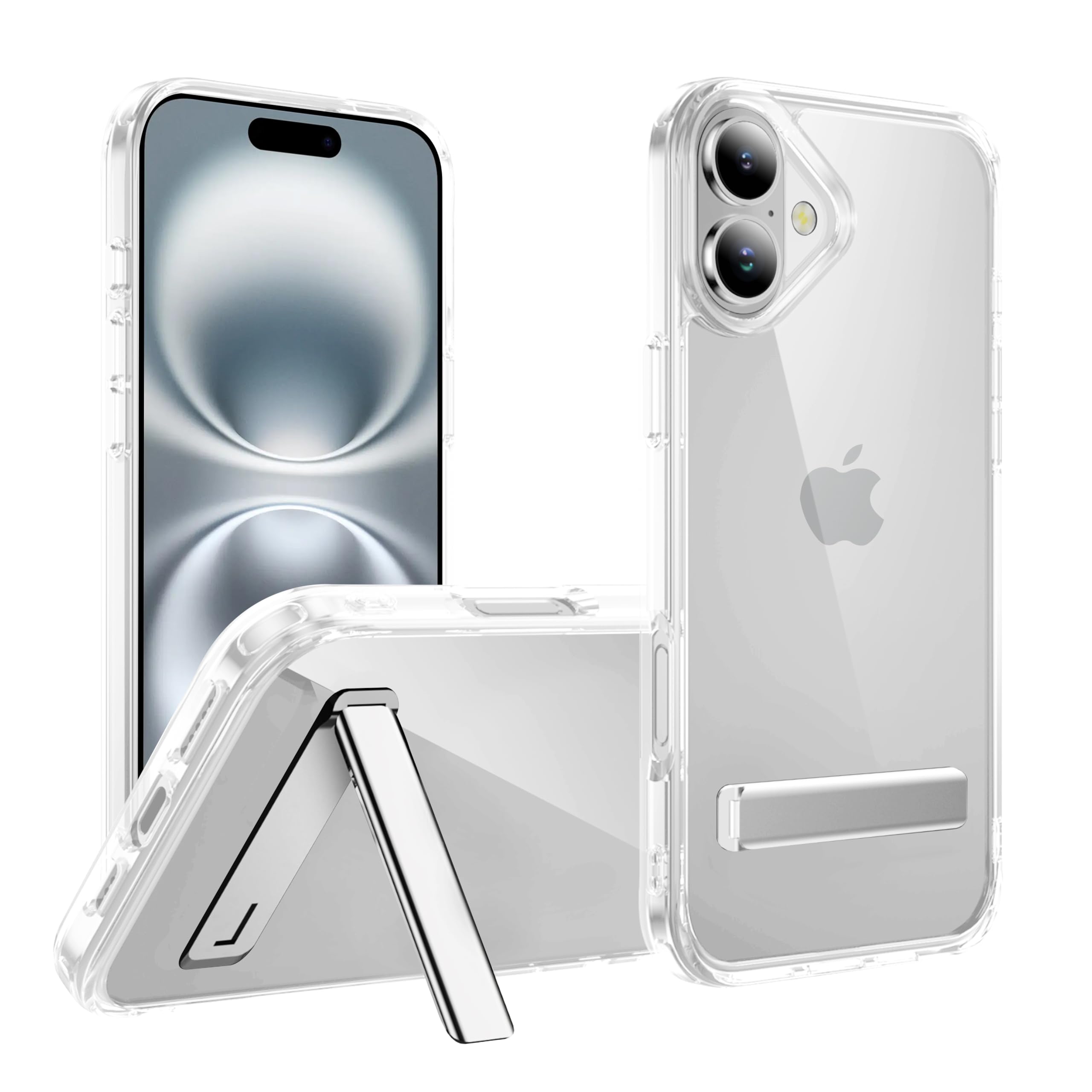 CEDO Kickstand for iPhone 16 Case, 3-Way Adjustable with Metal Stand, Military-Grade Shockproof Bumper, Slim Transparent Acrylic Back Cover, Crystal