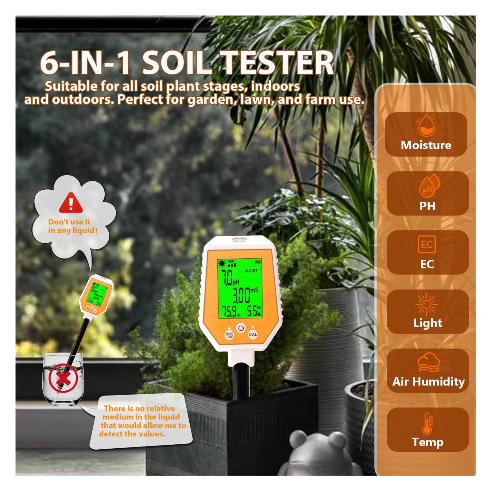 Medidor de humedad del suelo, Medidor de pH del suelo 6 en 1, comprobador de humedad del suelo, detector de CE del suelo, intensidad de la luz solar, prueba de humedad del aire del suelo Para jardiner