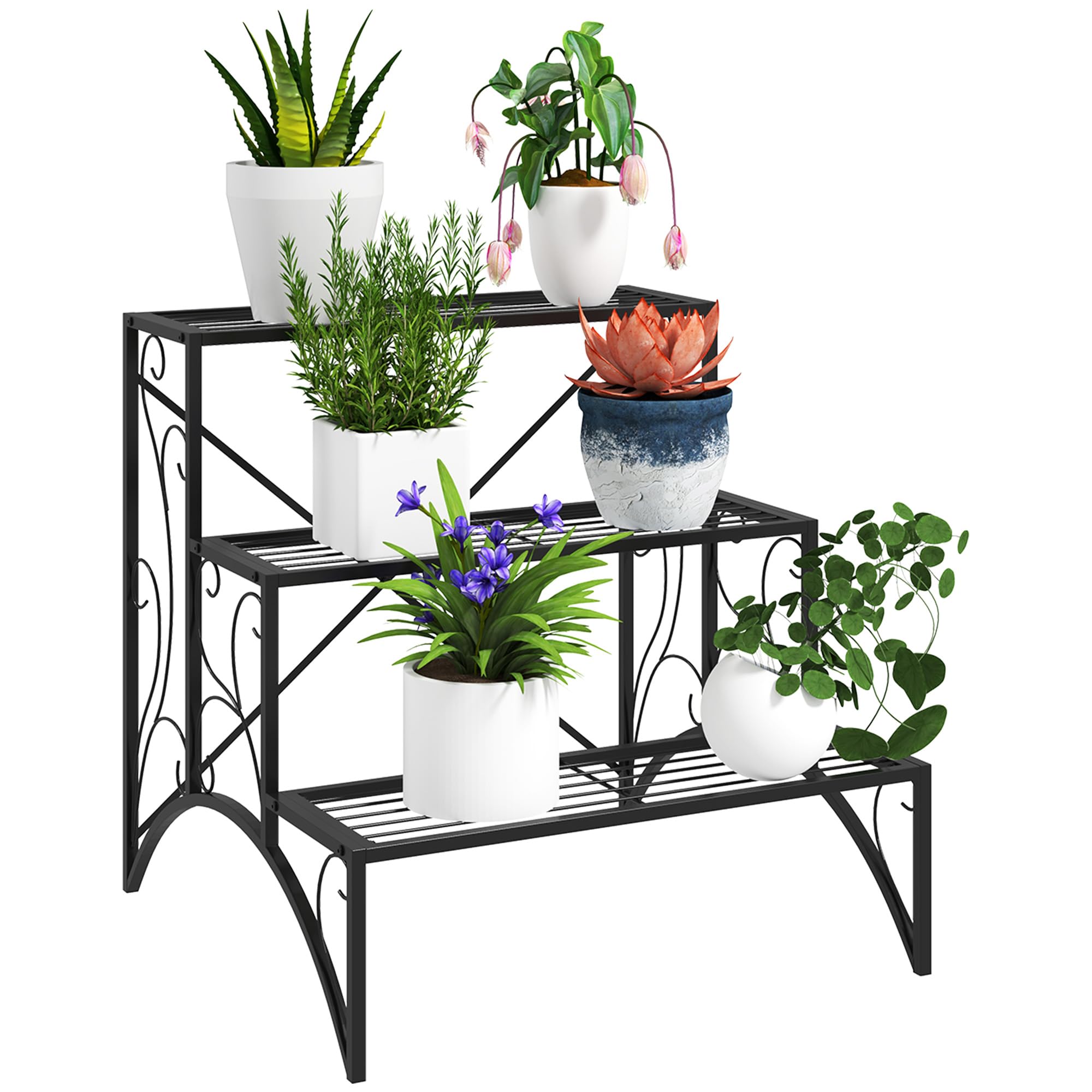 Outsunny 3-Tier Metal Plant Stand for Garden Balcony Indoor Outdoor - Black  | TJ Hughes