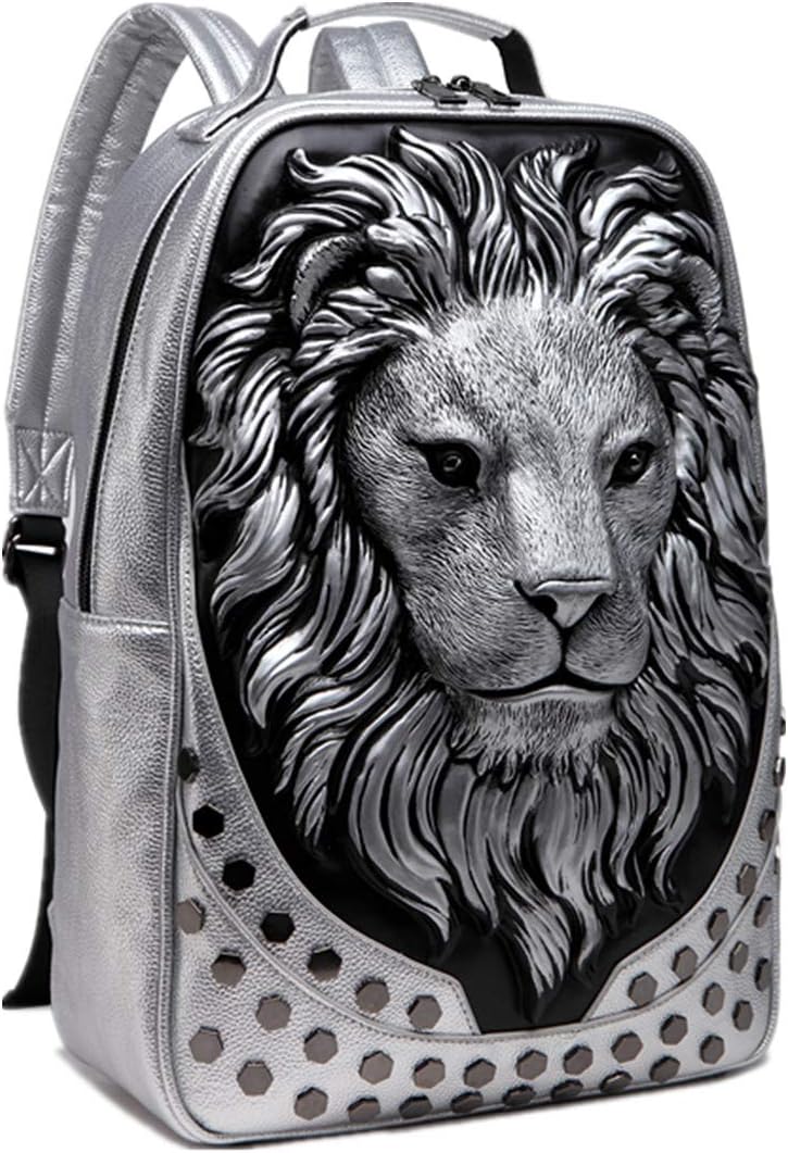 3D Lion Laptop Backpack Unique Designer PU Leather Fashion Travel Rivet Punk Backpack (Silver) - Image 3