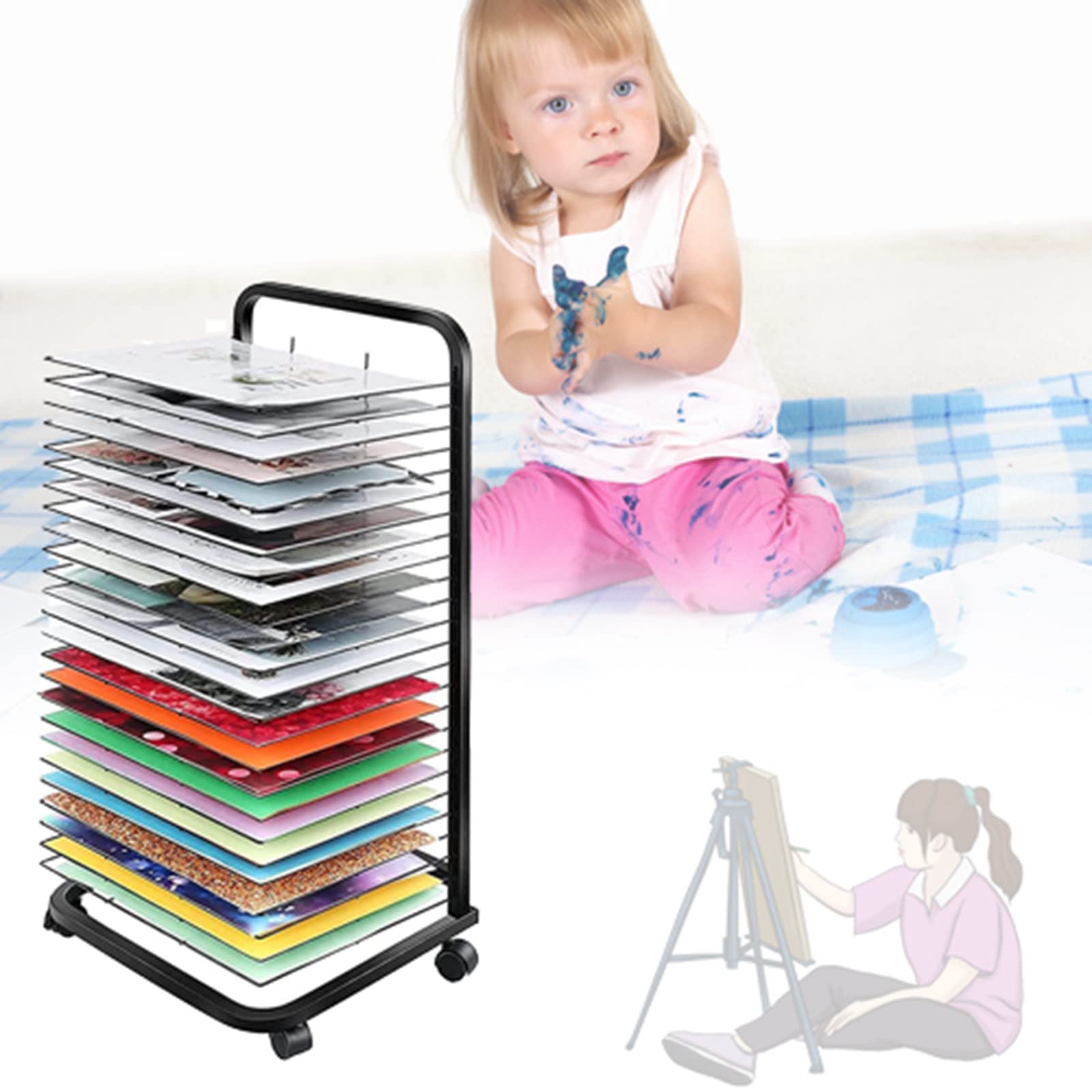 Aioneer 25/35 Layer Art Drying Rack for School, Family, Kindergarten, Studio, Mobile Metal Art Storage Rack with 4 Casters and Detachable Shelves,44×42×106cm