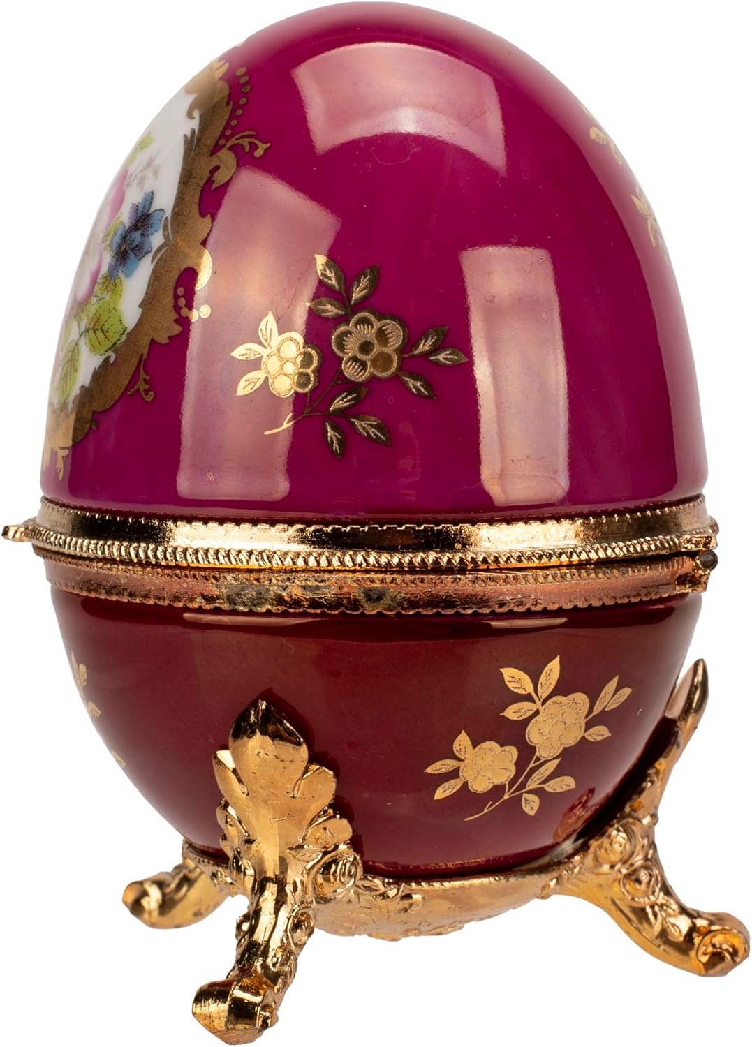 Haelo Musical Trinket Faberge Style Egg Jewelry Box, Red and Gold Tone Metal, Plays Tune Music of The Night