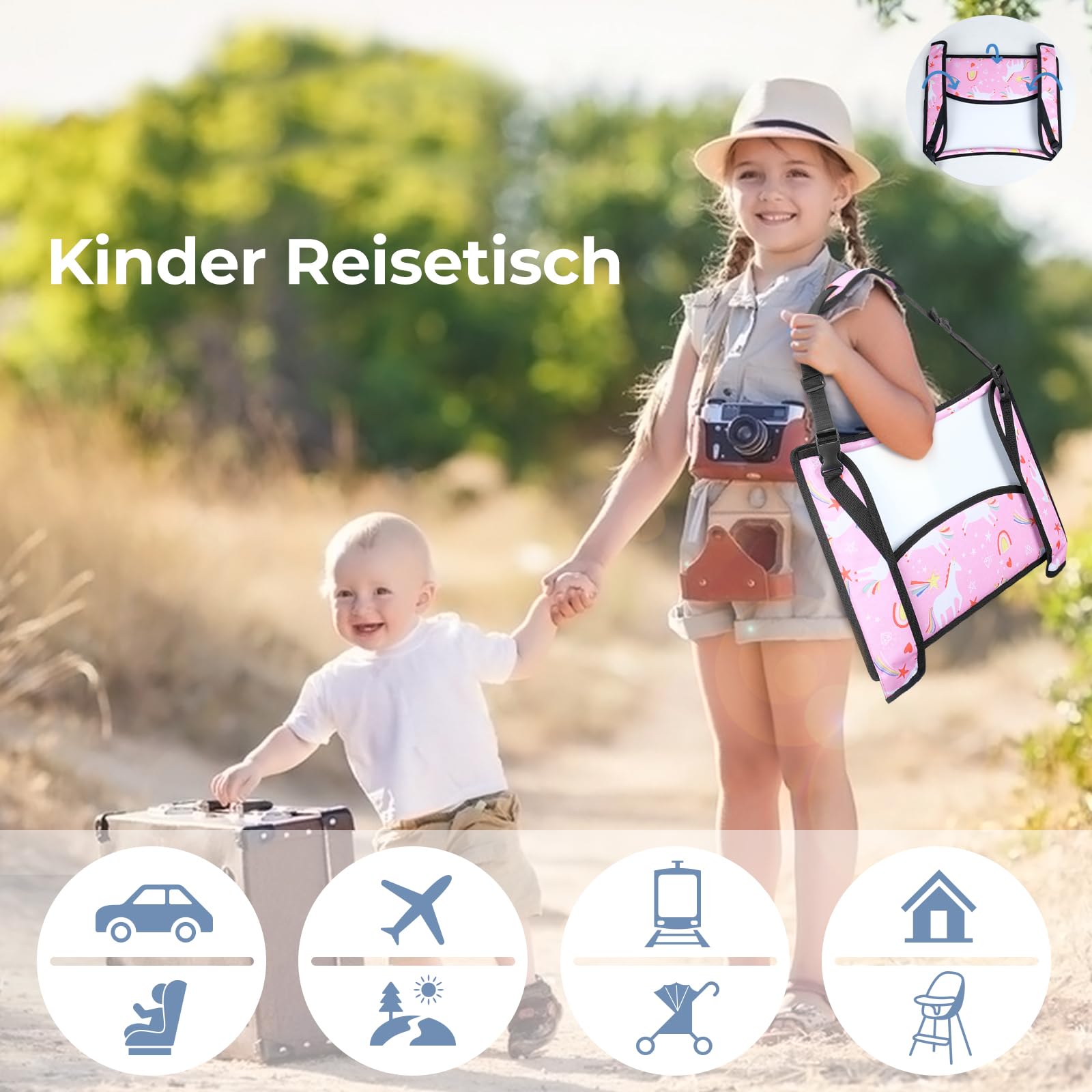 INFANZIA Tavolo da viaggio per bambini – Vassoio per ginocchia con tavola da disegno, vassoio per snack, sedile posteriore per auto, aereo, treno – supporto, organizer pieghevole