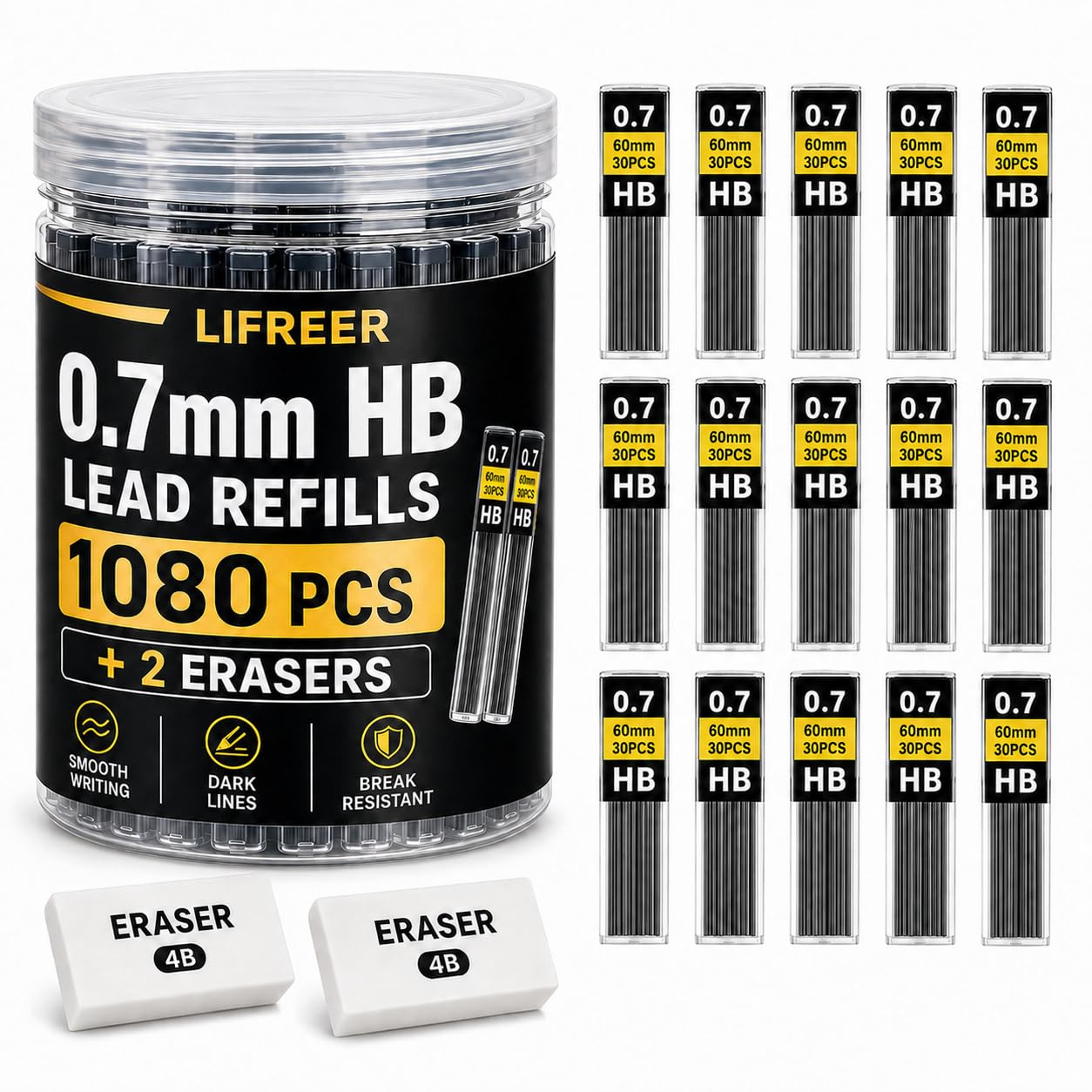 0.7 Lead Refills (1080 Pcs), Unbreakable 0.7 mm lead refills And 2 Premium Erasers, Long Lasting HB Pencil 0.7 Refill,Mechanical Pencil 0.7mm For Students &amp; Professionals
