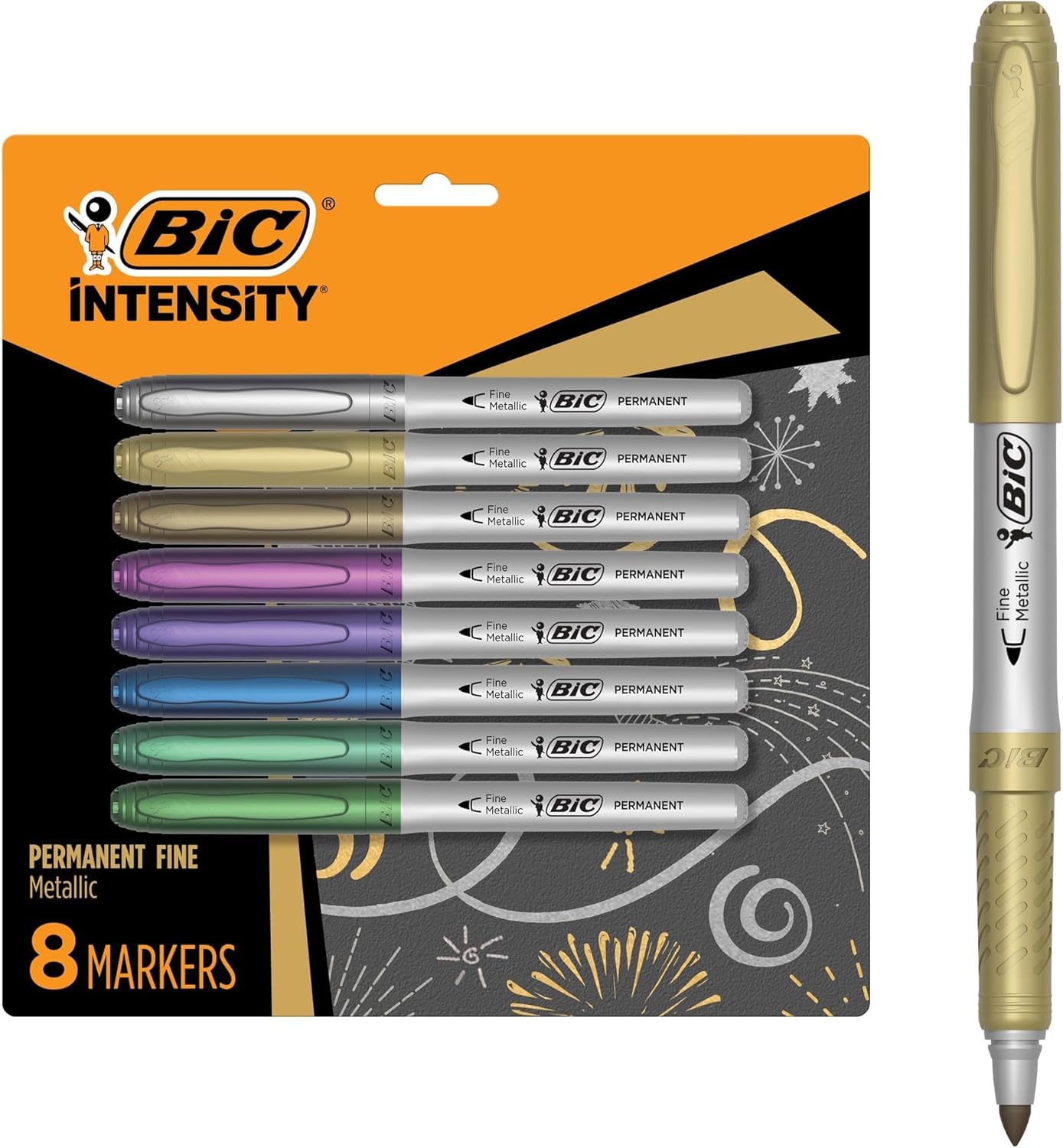 BIC Intensity Metallic Permanent Markers, Fine Point, 8-Count Pack of Metallic Markers With Non-Slip Grip for Comfort and Control - Amazon product rated Grade A