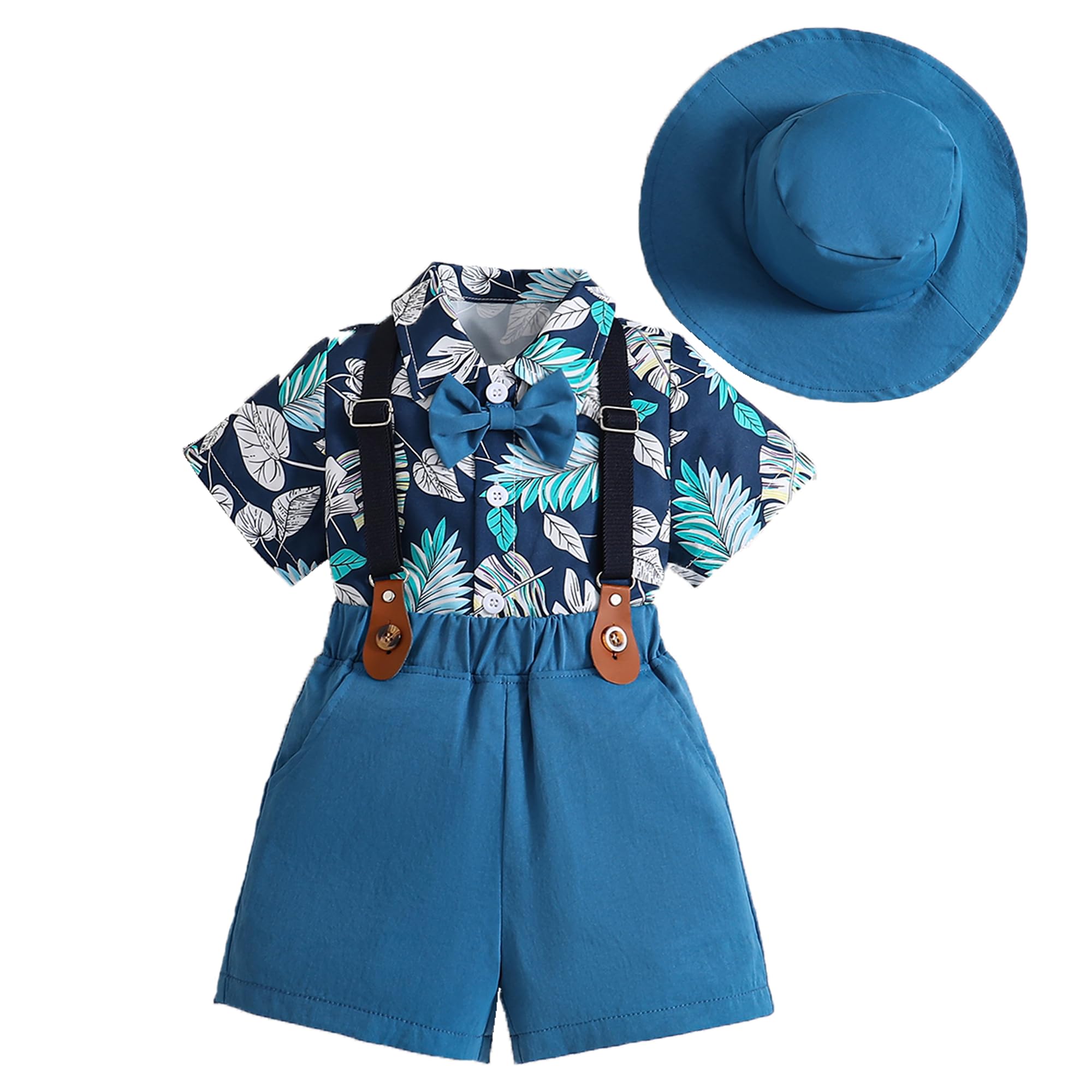 Toddler Baby Boy Outfits 2-3Y Boys Gentleman Suit Leaves Short Sleeve Shirts+Bowtie+Dark Blue Suspender Shorts+Hat Little Boy Clothing Sets