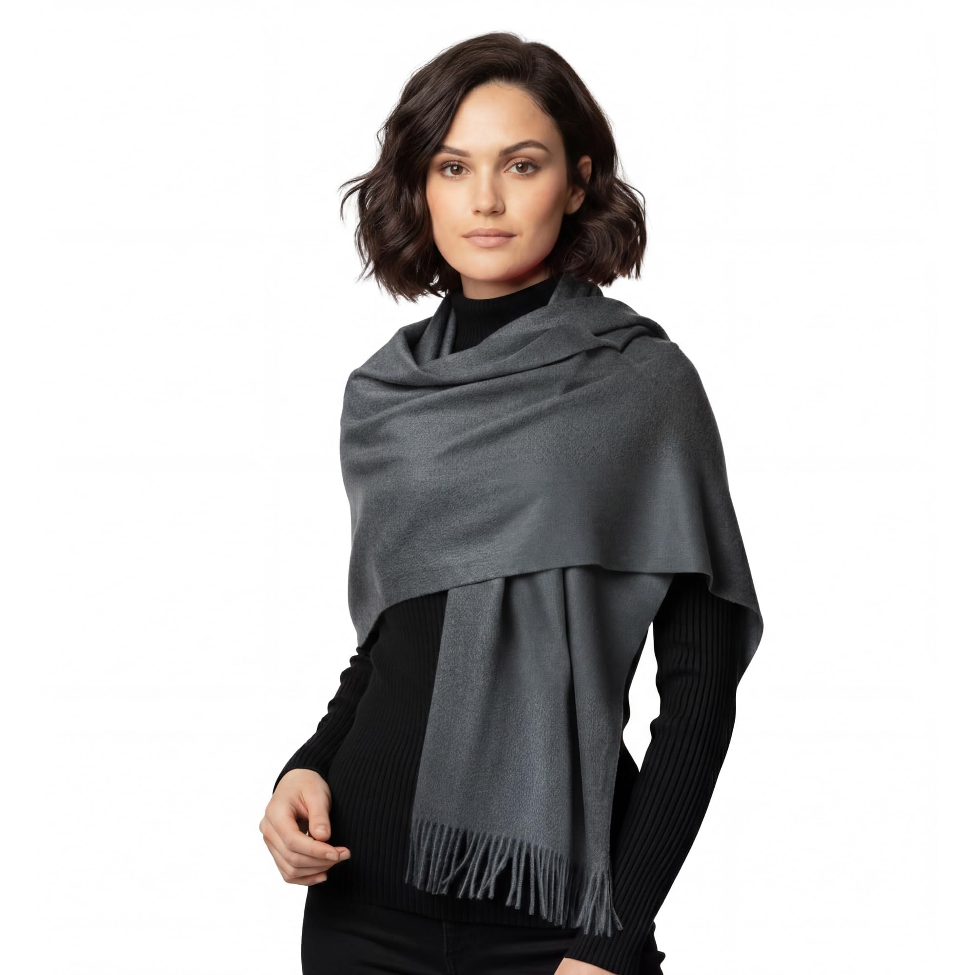 Basic Sense Women's Dark Grey Pashmina Shawl Wrap For Large Oversized Cashmere Feel Scarf For Weddings & Winter,