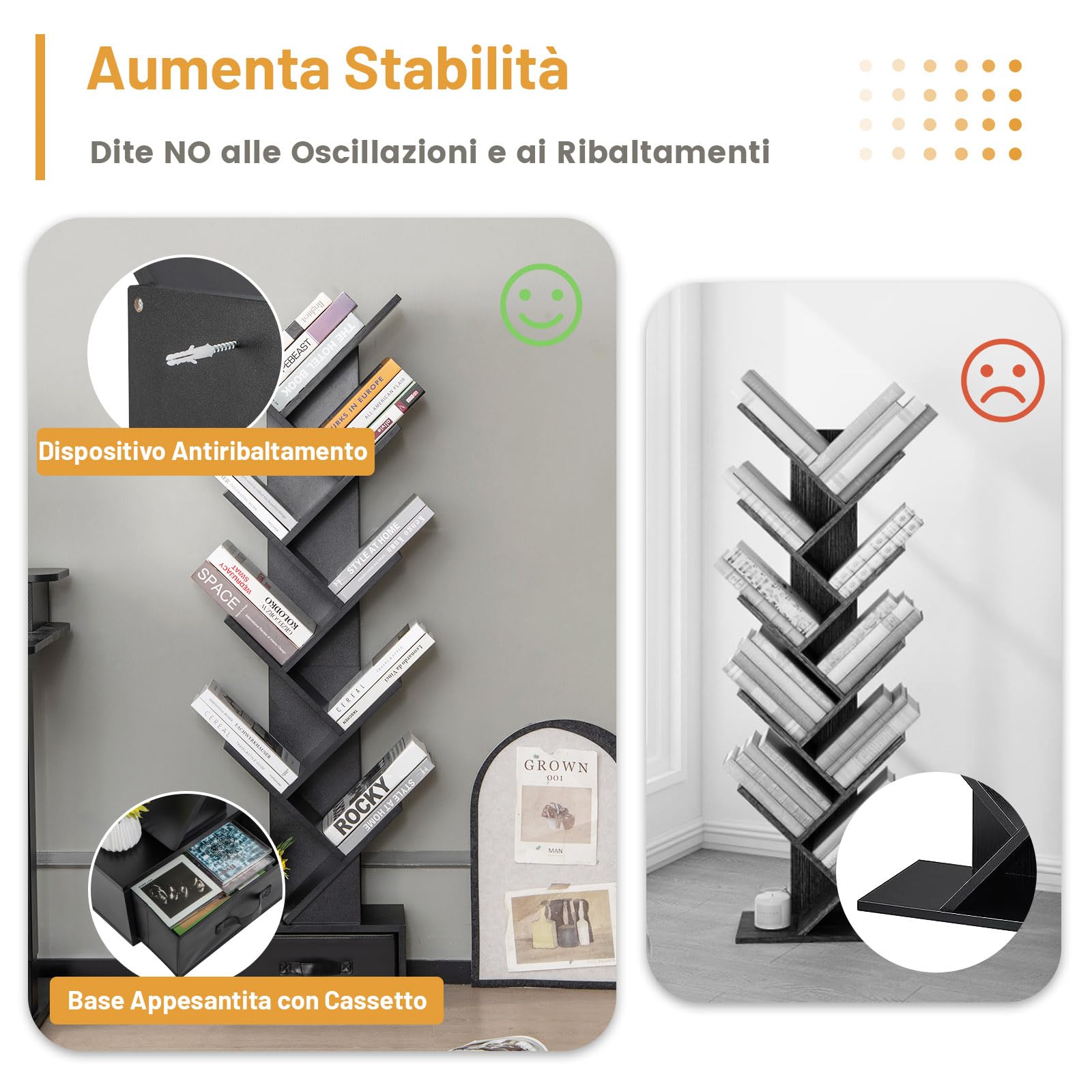 COSTWAY Libreria ad Albero in Legno, Scaffale a 10 Ripiani con Cassetto, Portaoggetti Autoportante per Soggiorno, Studio e Ufficio, 38 x 21,5 x 149,5 cm (Nero)