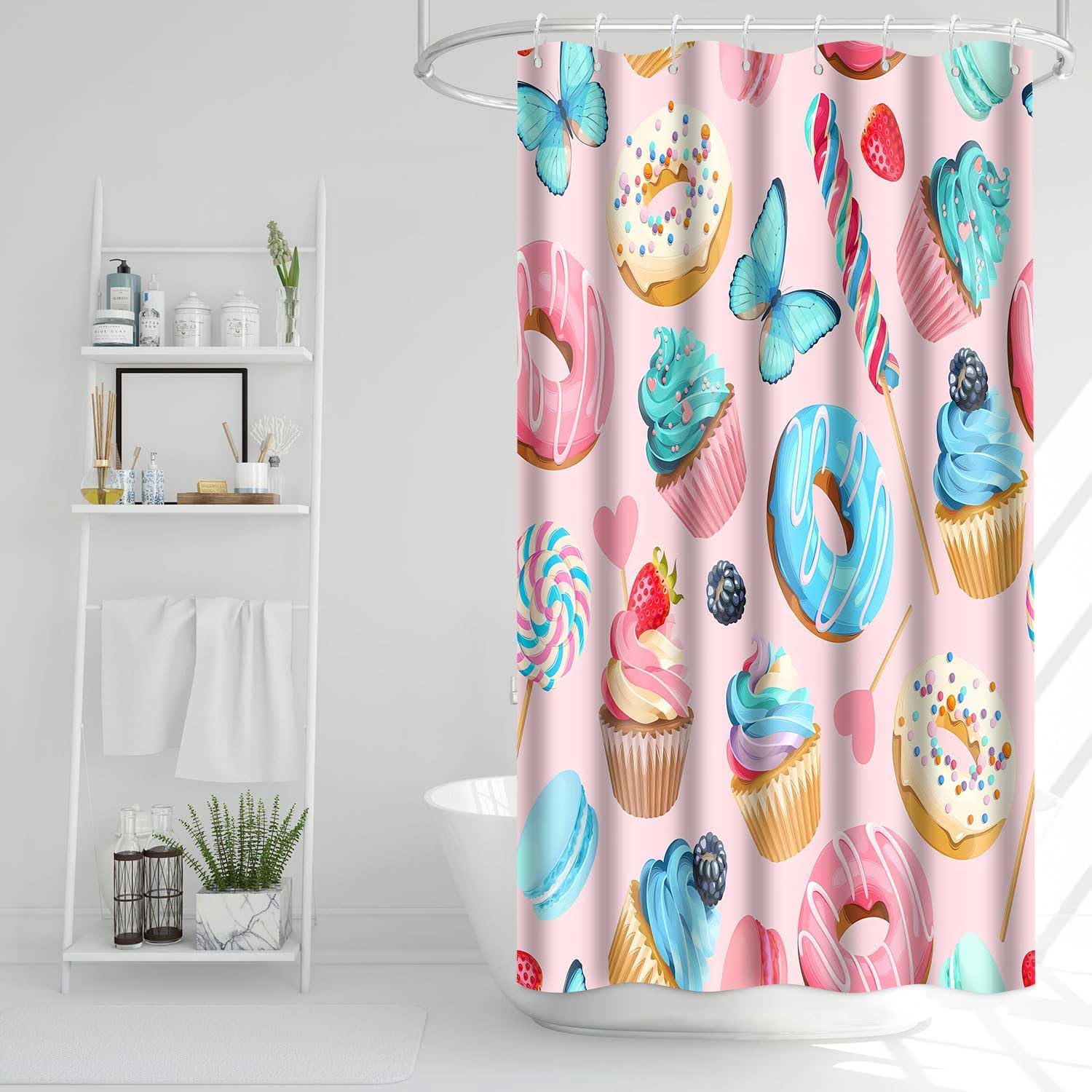 Sweets Shower Curtain, 60x72inch, Cupcake Donut Bathroom Shower Curtains, Dessert Food Theme Kids Girls Bathroom Curtains Decor Set with 10 Hooks YLOKTP0860